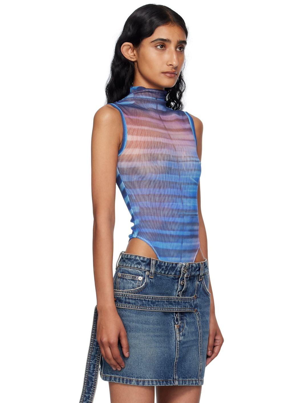 Blue & Pink High Neck Printed Air Bodysuit - 2