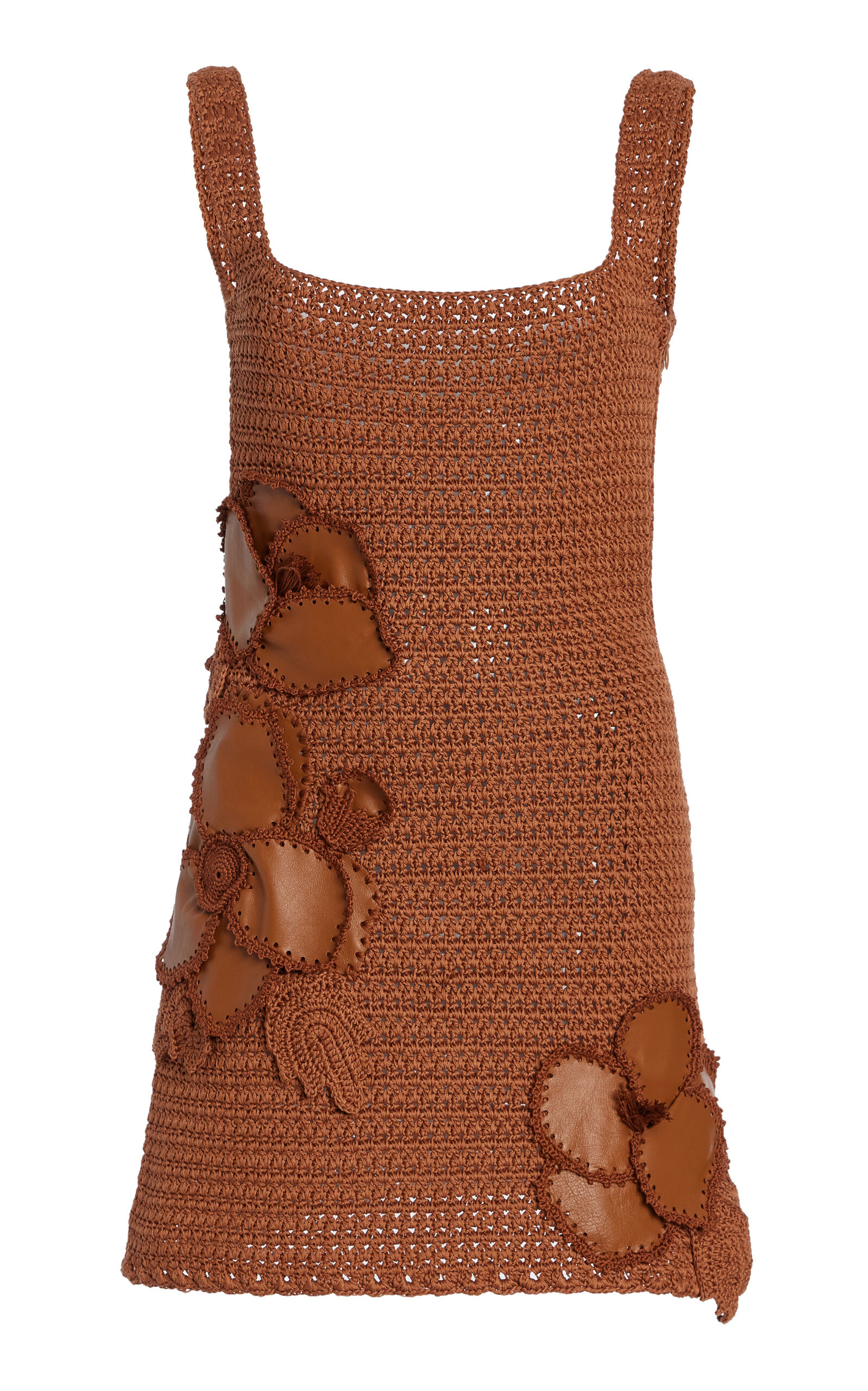 Leather-Trimmed Crocheted Cotton Mini Dress brown - 1