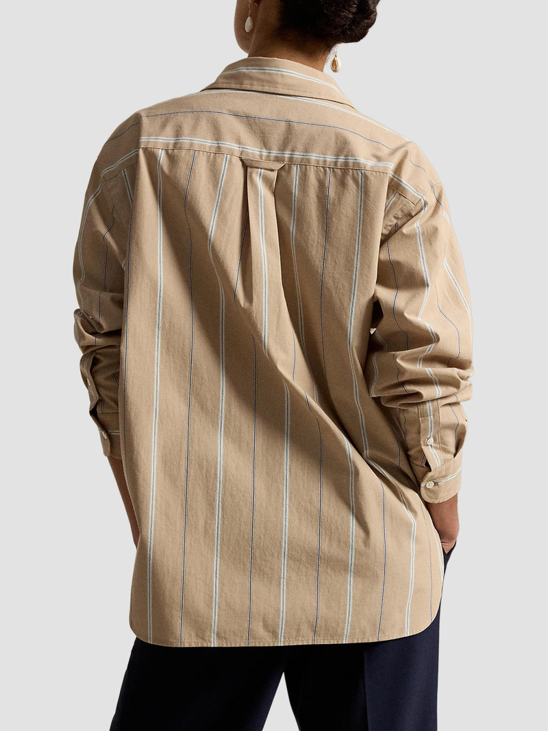 Women's Oversized Striped Cotton Button-Front Shirt - Tan Cream 3