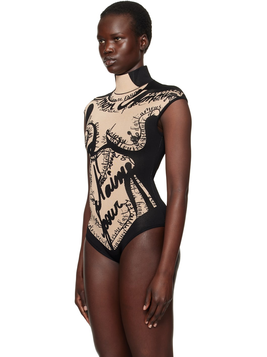 Black & Beige Jacquard Knit Torso Motif Bodysuit - 4