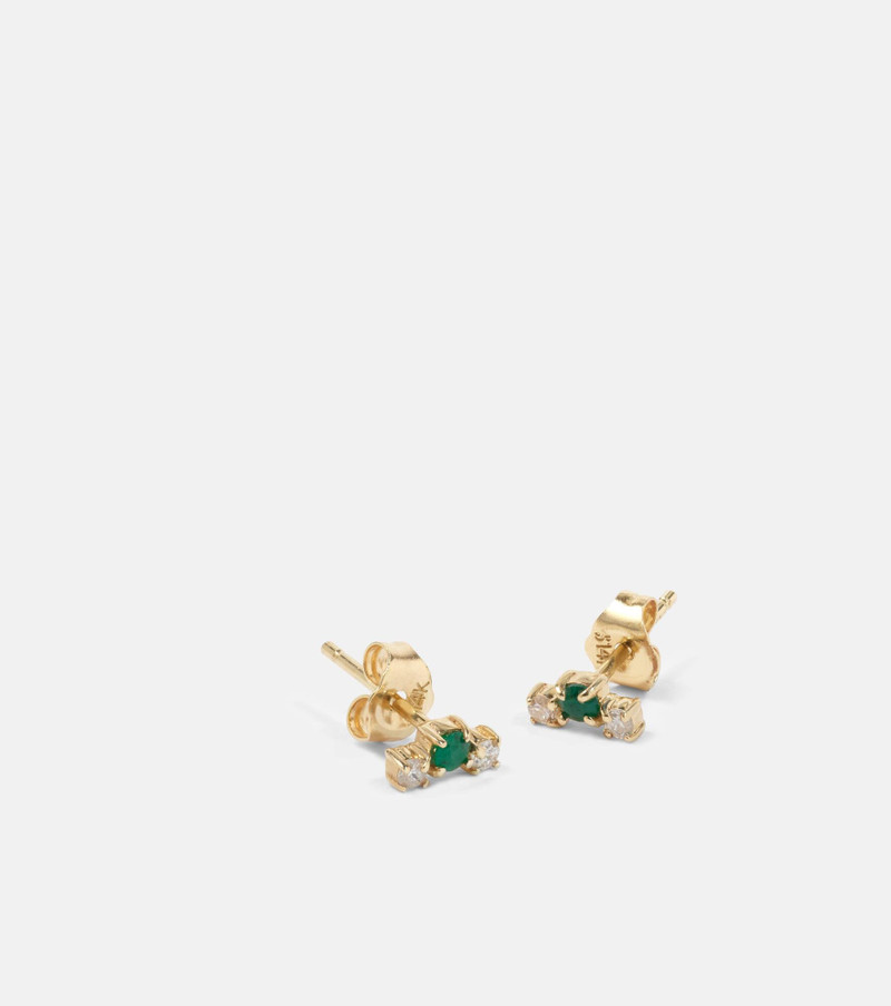 Dainty Emerald Goddess 14kt gold stud earrings with emeralds and diamonds 4