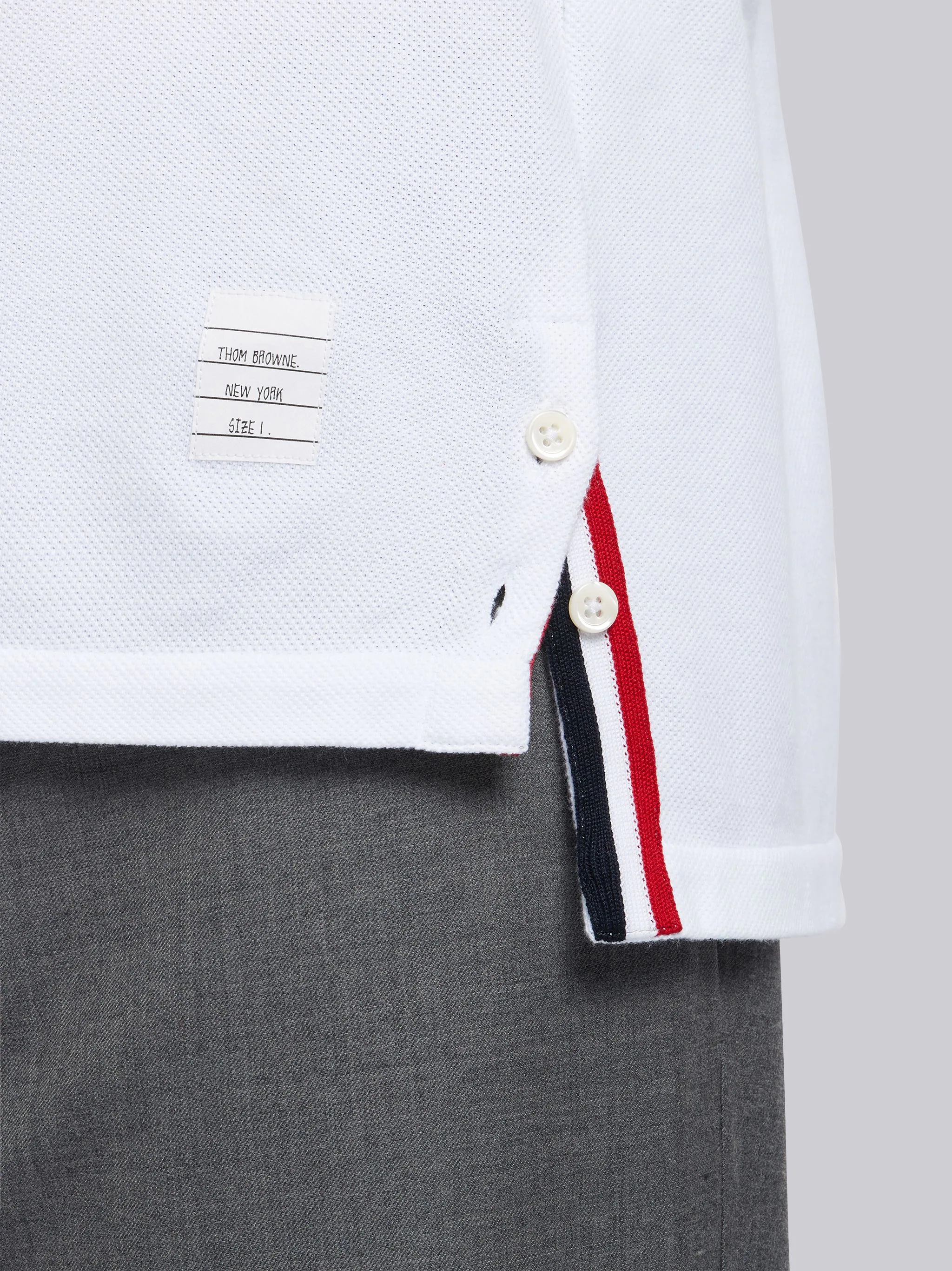 ★THOM BROWNE★ Cotton Pique Center Back Stripe Relaxed Fit Thom Browne White Cotton Pique Center Back Stripe Relaxed