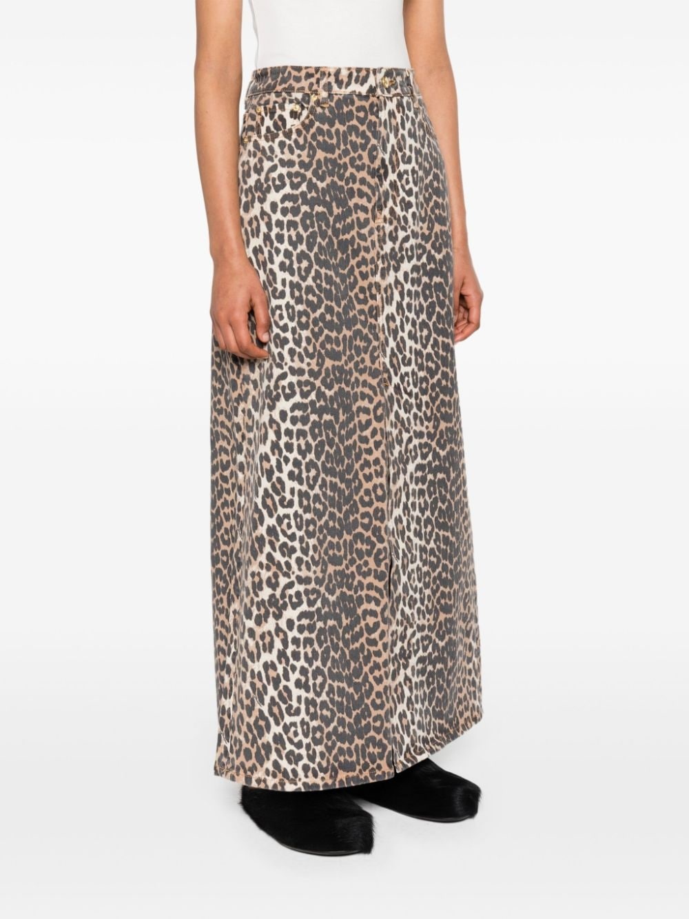 high-waisted leopard-print denim midi skirt - 3