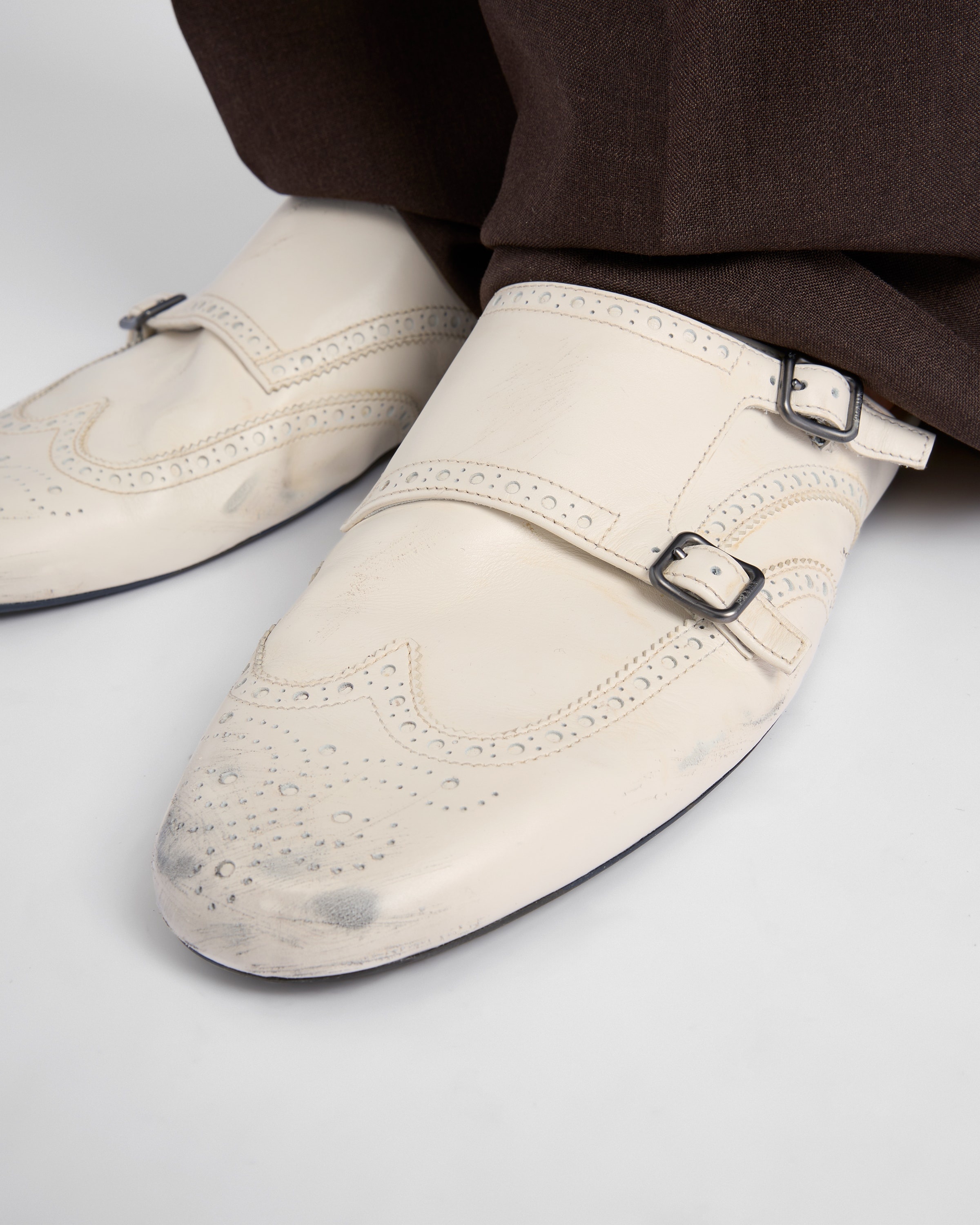 Shuffle antiqued leather double monk strap mules - 3