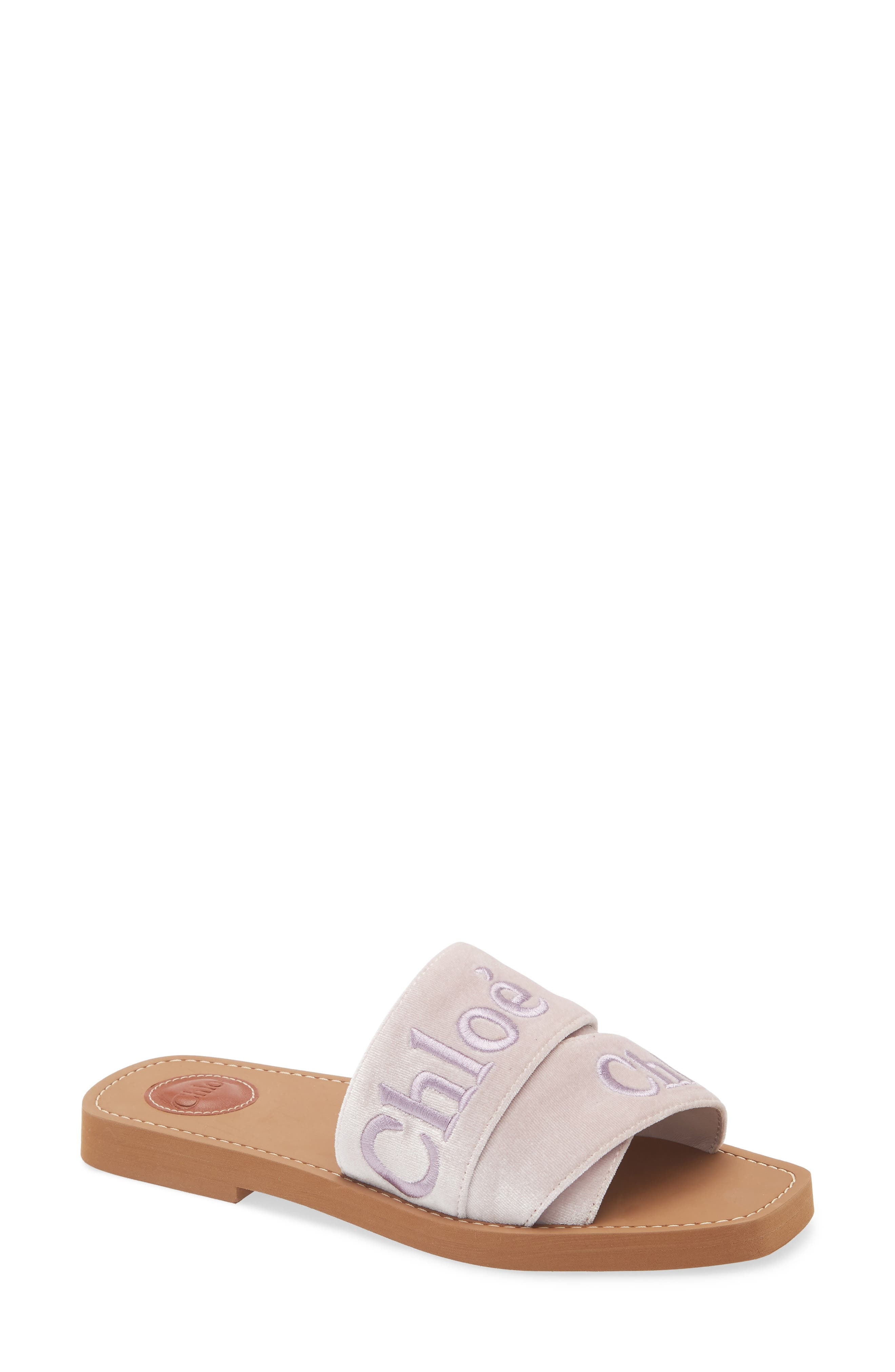 Chloé Woody Logo Velvet Slide Sandal in Light Rosewood at Nordstrom - 1