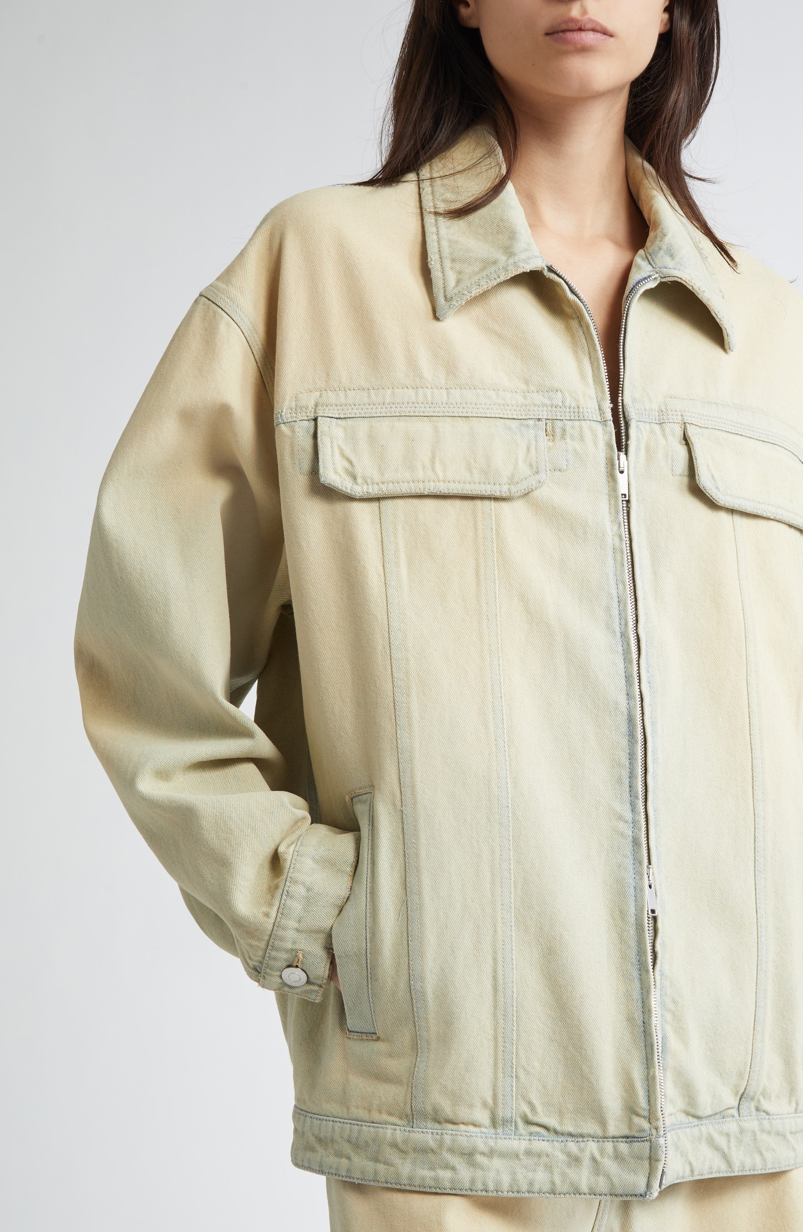 Stella McCartney Overdyed Distress Denim Cargo Jacket in Sand Denim Overdyed at Nordstrom - 4