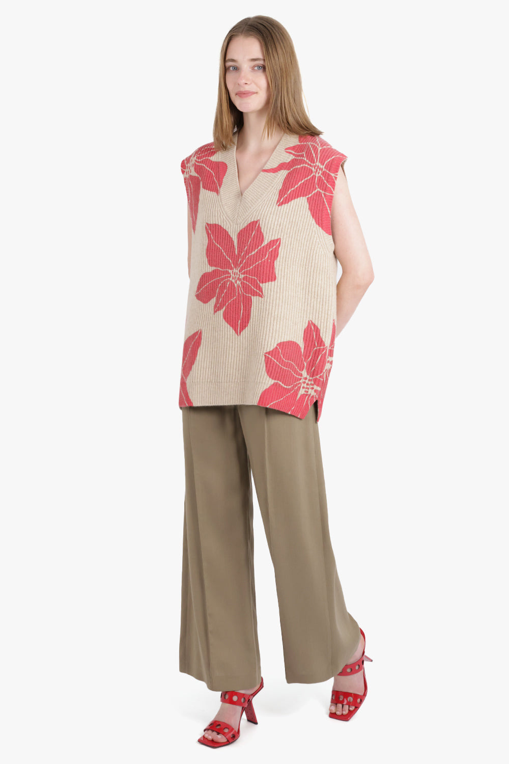 FLORAL PRINT V-NECK VEST KNIT | OATMEAL/RED - 2