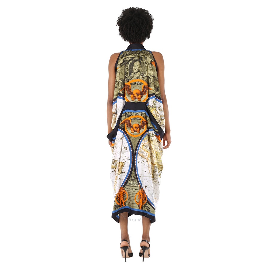 Burberry Ladies Antique Green Map Print Drape Silk Dress - 6