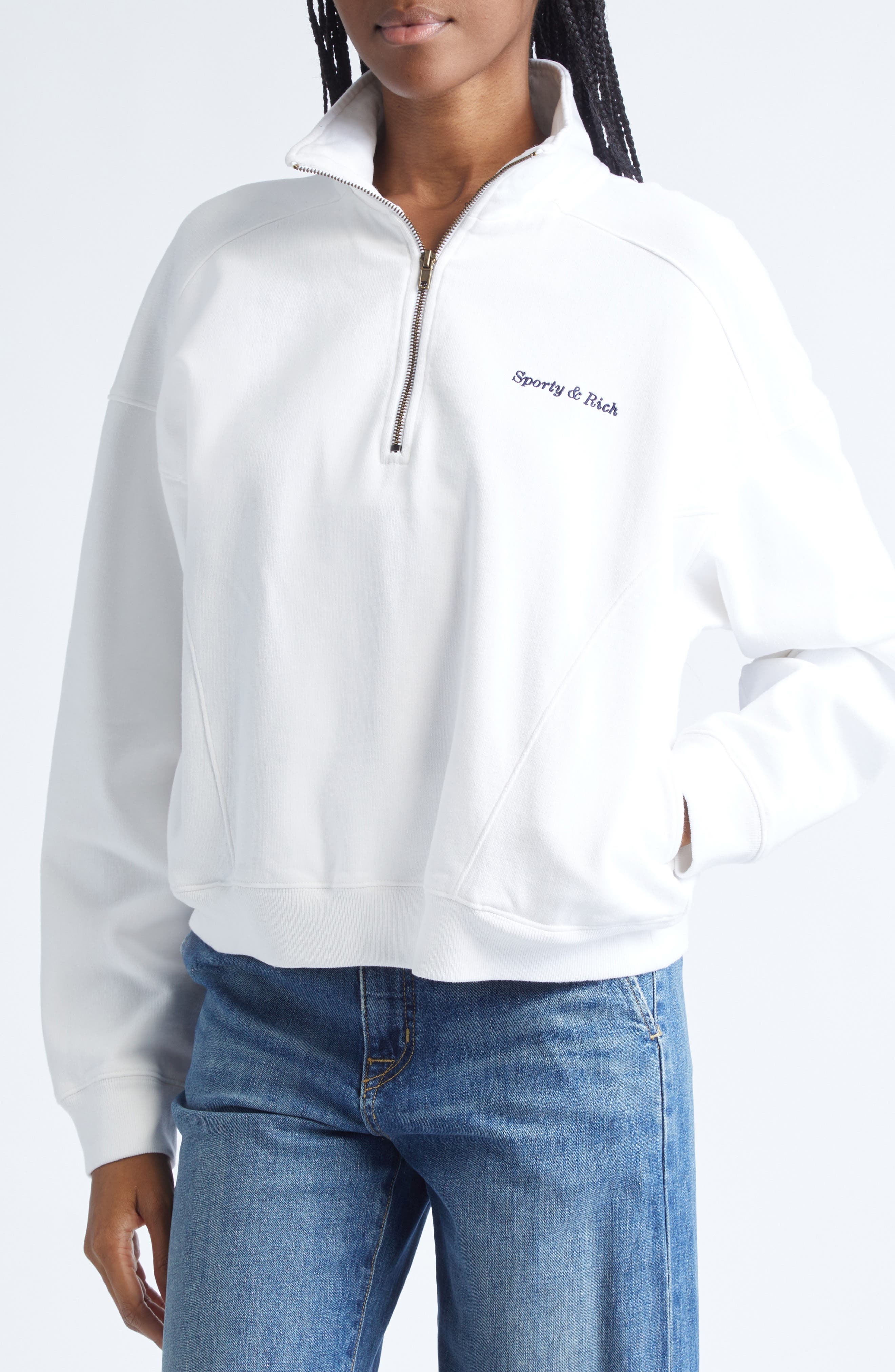Sporty & Rich Eden Crest Quarter-Zip Cotton Fleece Sweatshirt in White at Nordstrom - 4