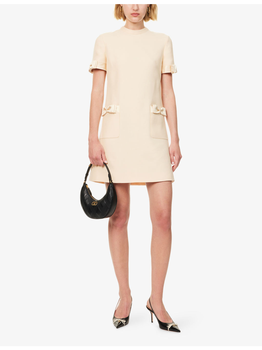 Bow-Embellishment Short-Sleeves Wool And Silk Mini Dress - 2
