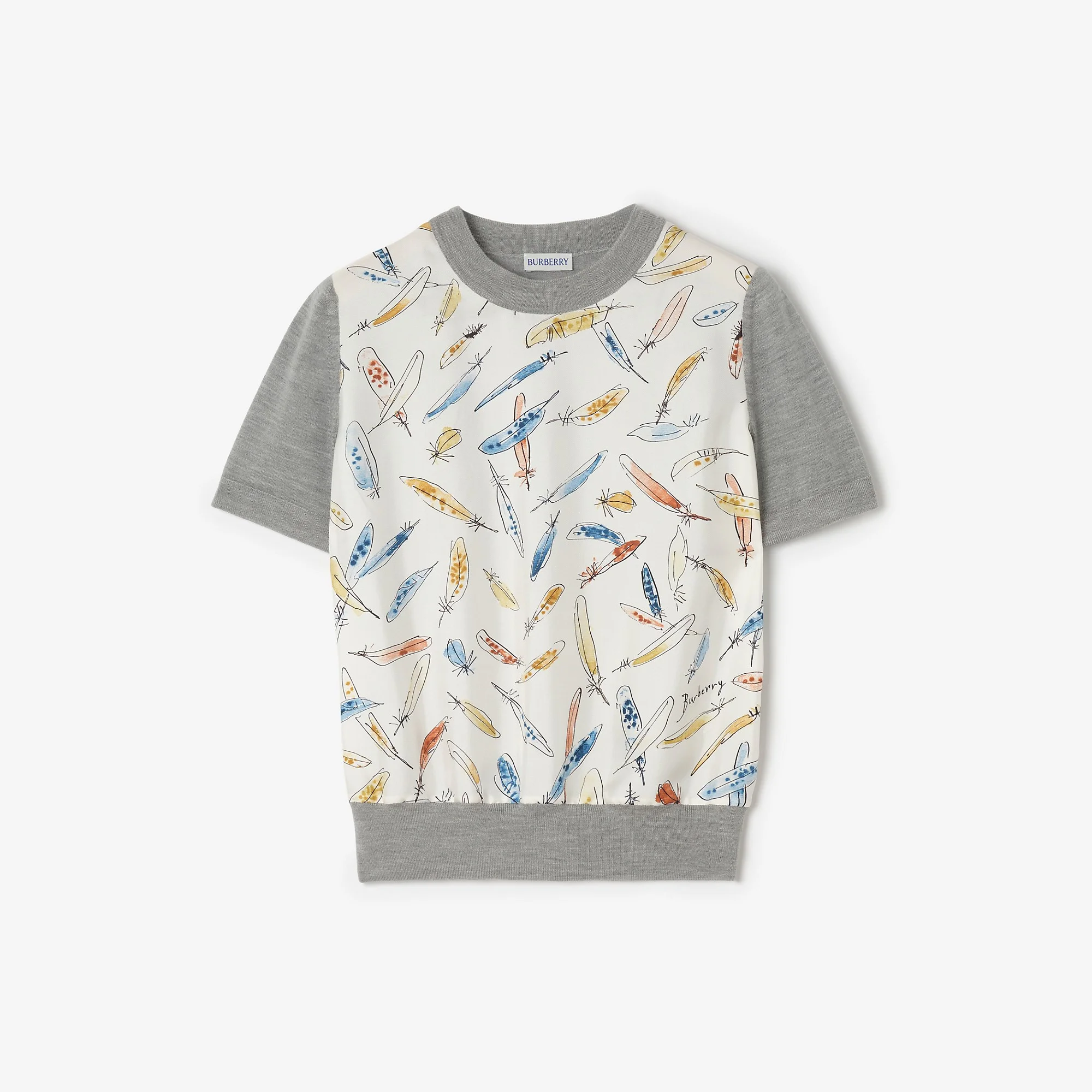 Feather Print Panel Wool Silk T-shirt - 1