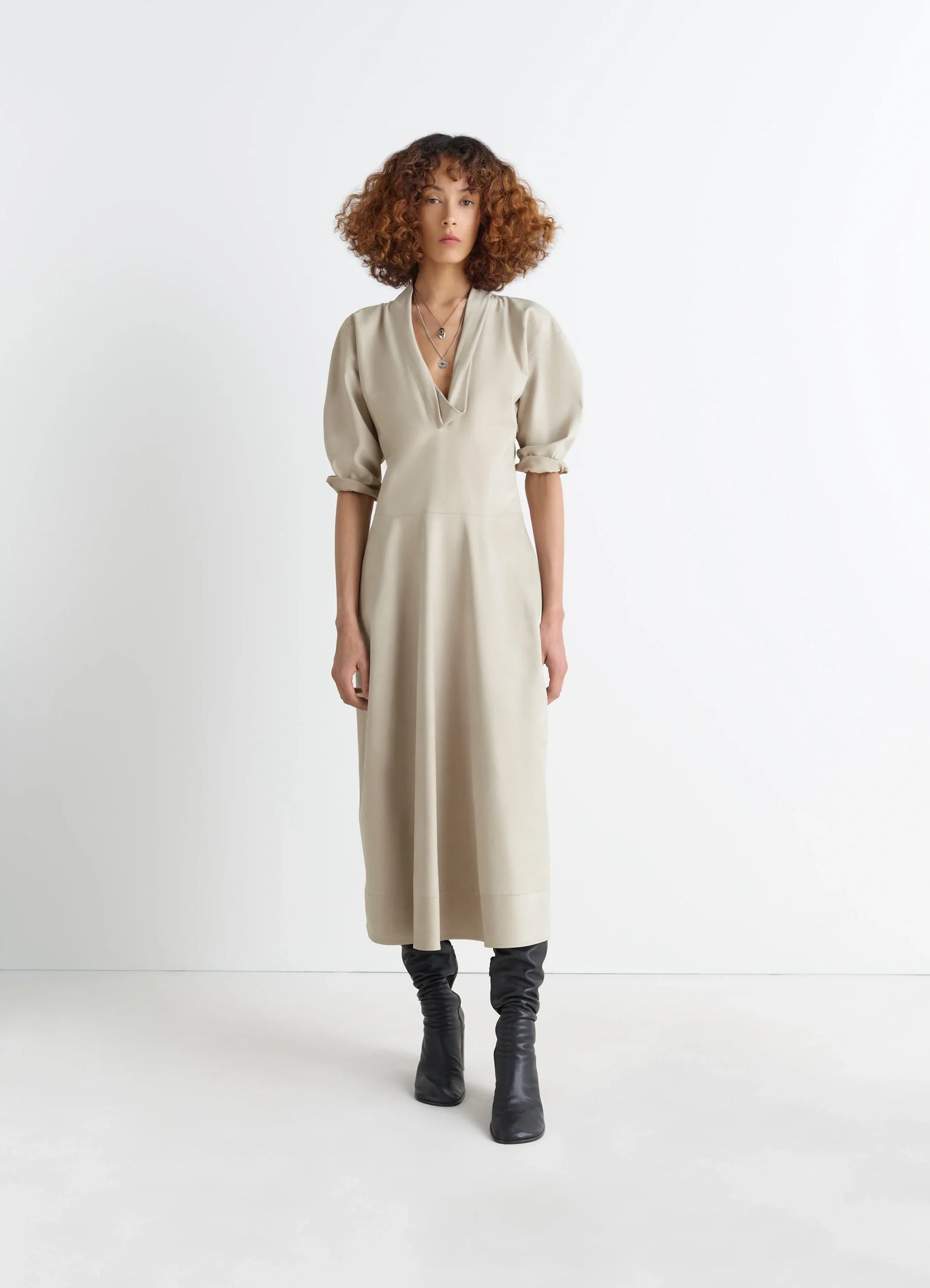 LEATHER V-NECK DRESS - 2