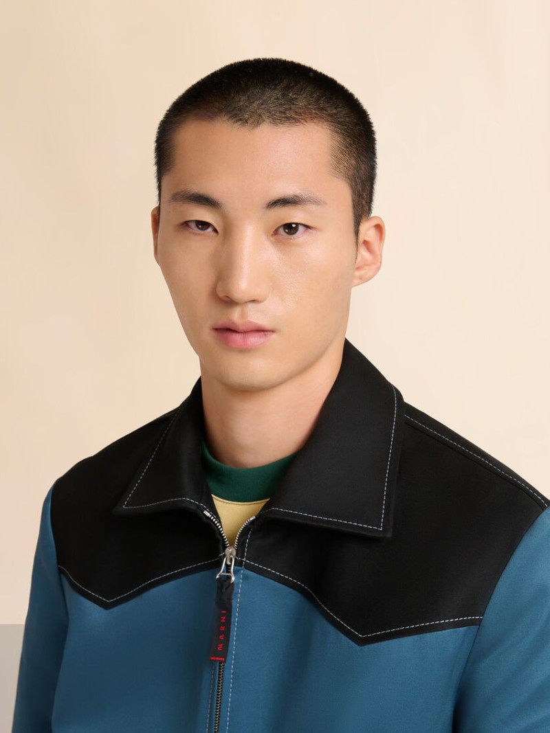 BLUE WATER-REPELLENT GABARDINE JACKET WITH CONTRAST YOKES 4