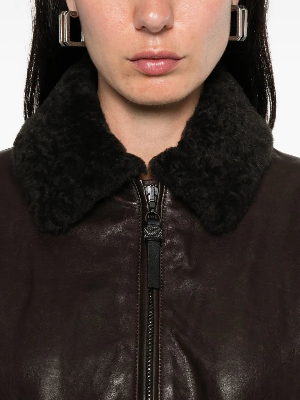 Brunello Cucinelli Women Leather Jacket With Shearling Collar - 5