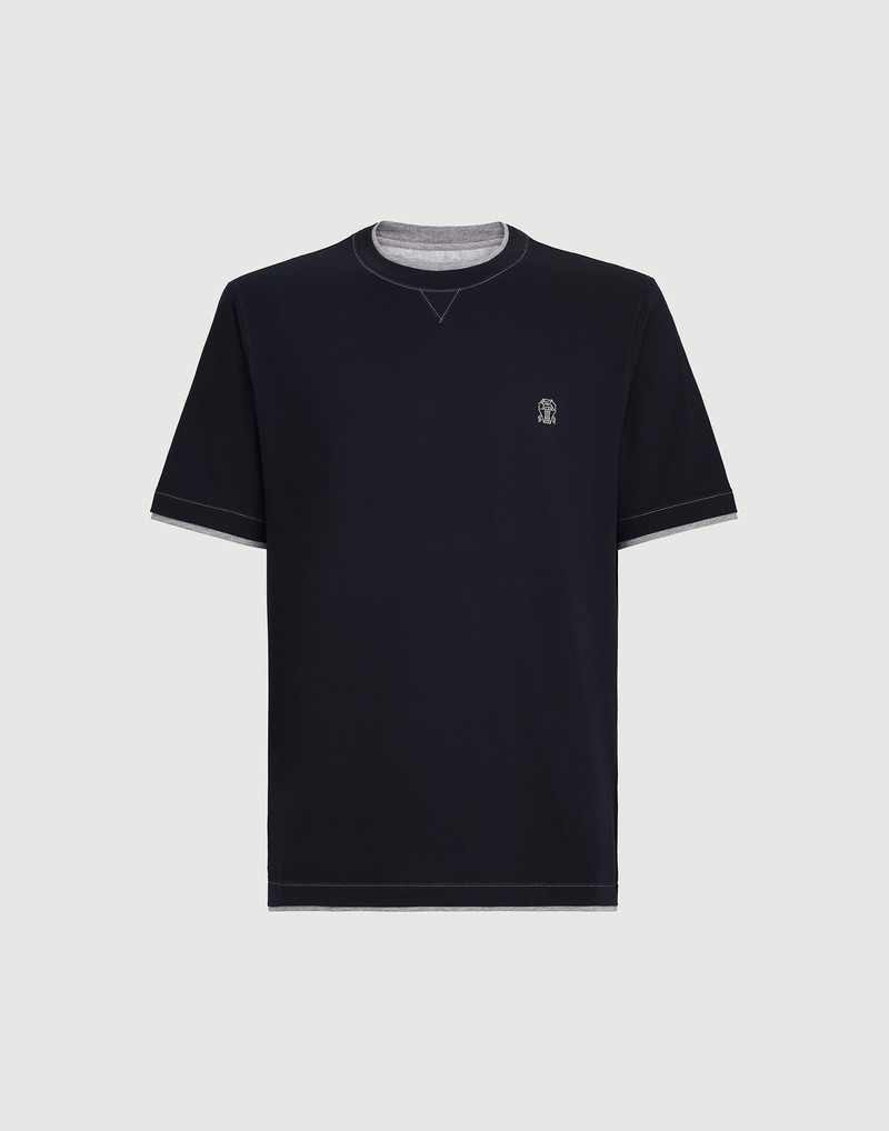 Cotton jersey crew neck T-shirt with logo and faux-layering 1