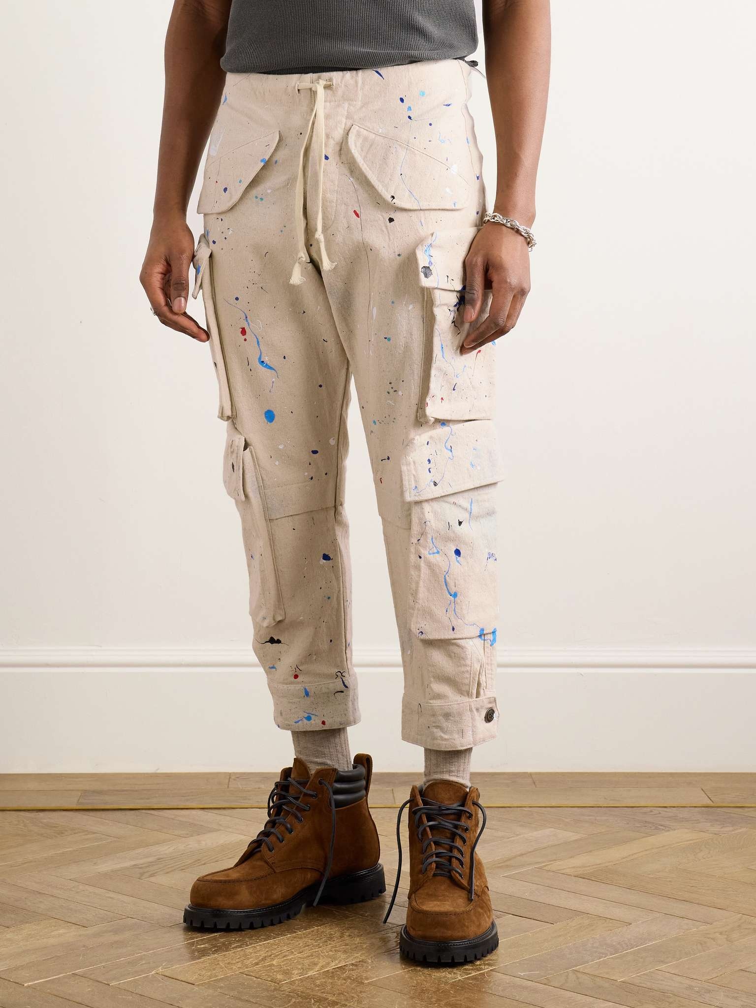 Tapered Cropped Paint-Splattered Cotton-Canvas Drawstring Cargo Trousers - 3
