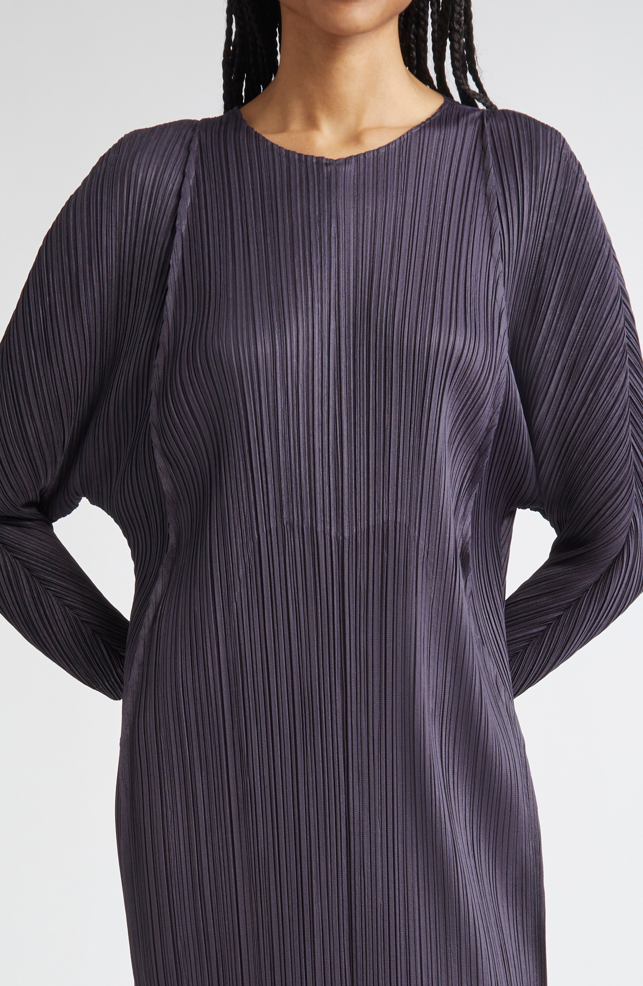 Pleats Please Issey Miyake Lantern Pleated Long Sleeve Midi Dress in Blue Black at Nordstrom - 5