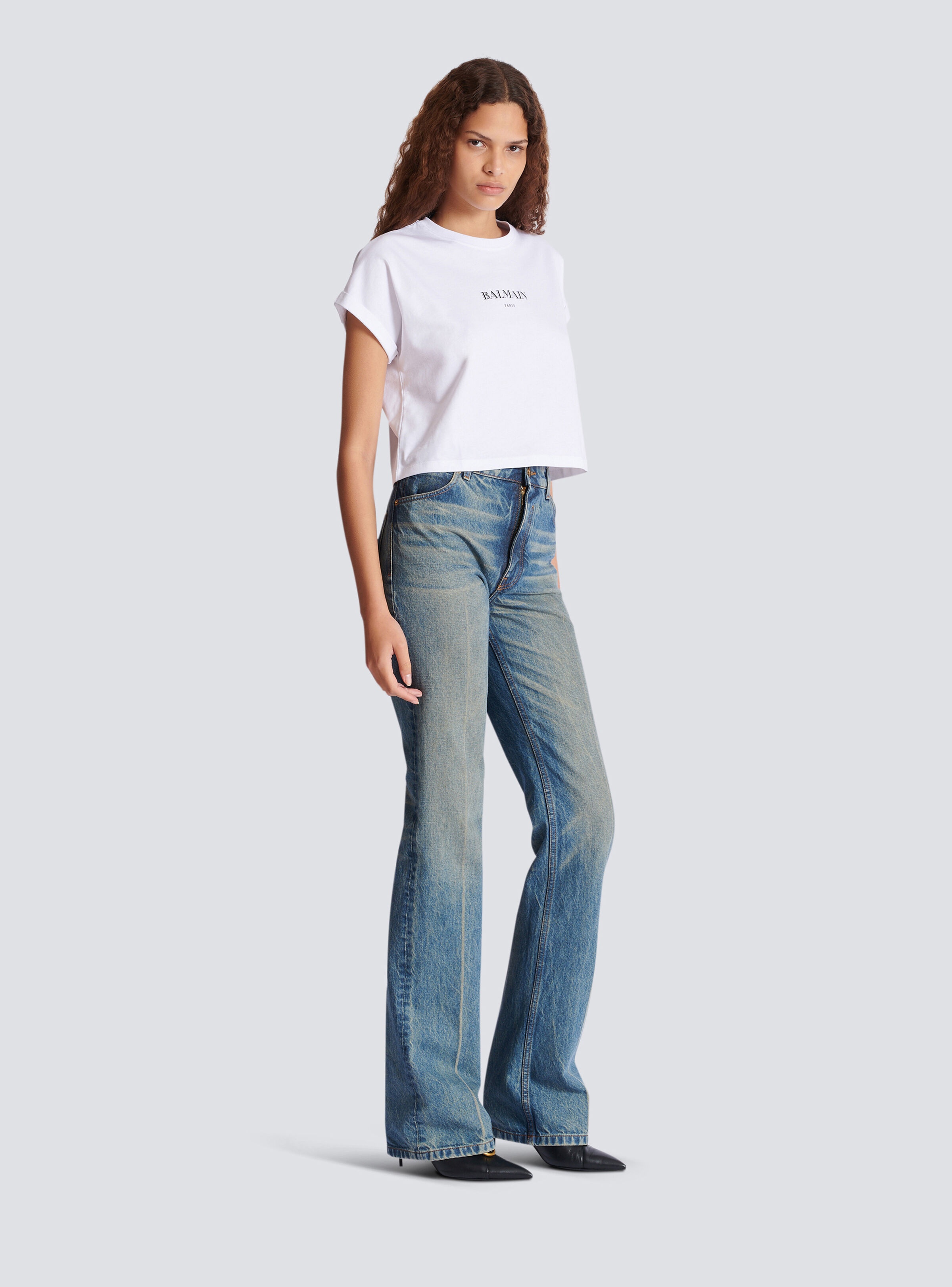 Cropped T-shirt with Balmain print - 3