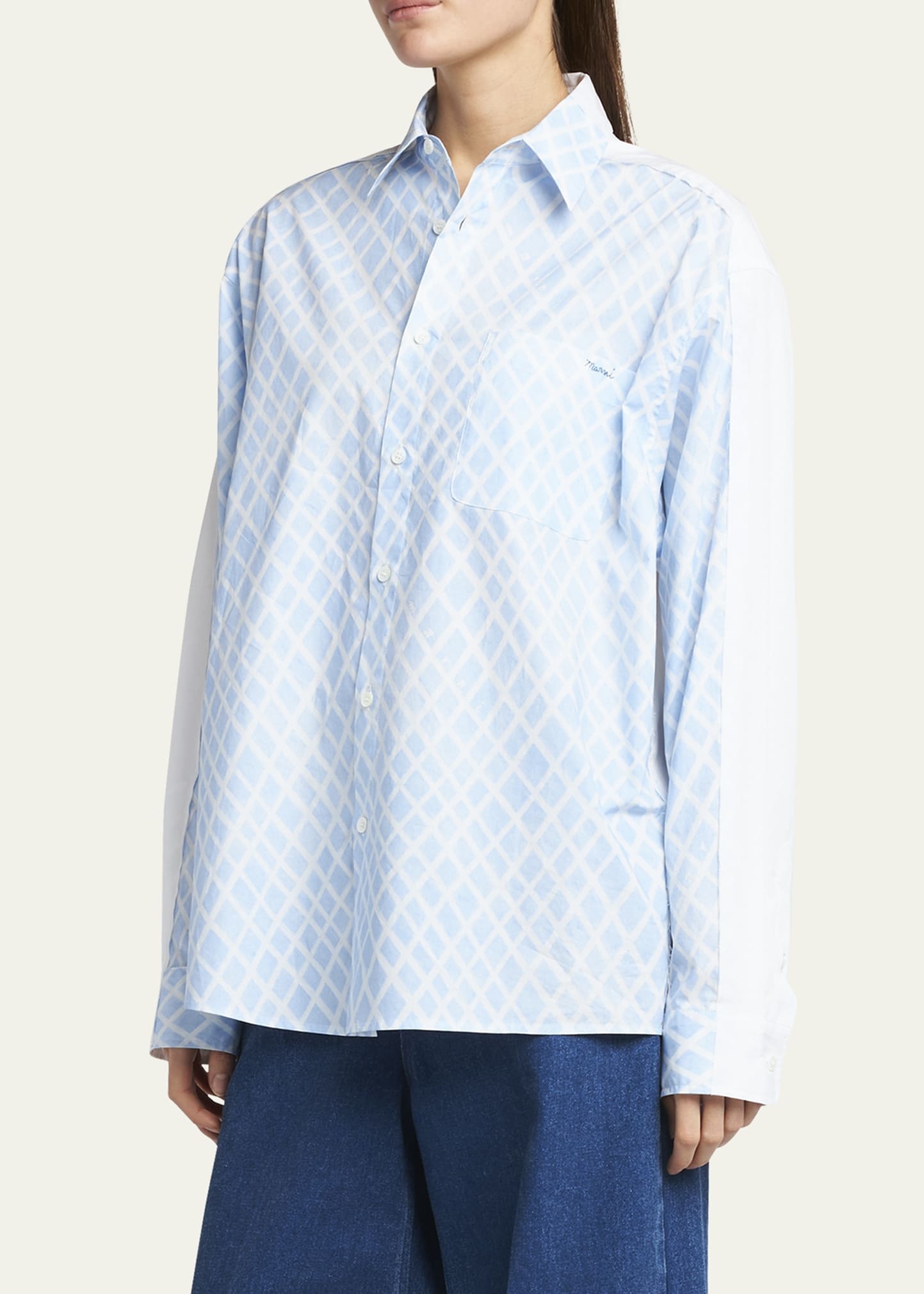 Lattice-Print Contrast-Back Long-Sleeve Button-Down Shirt - 4