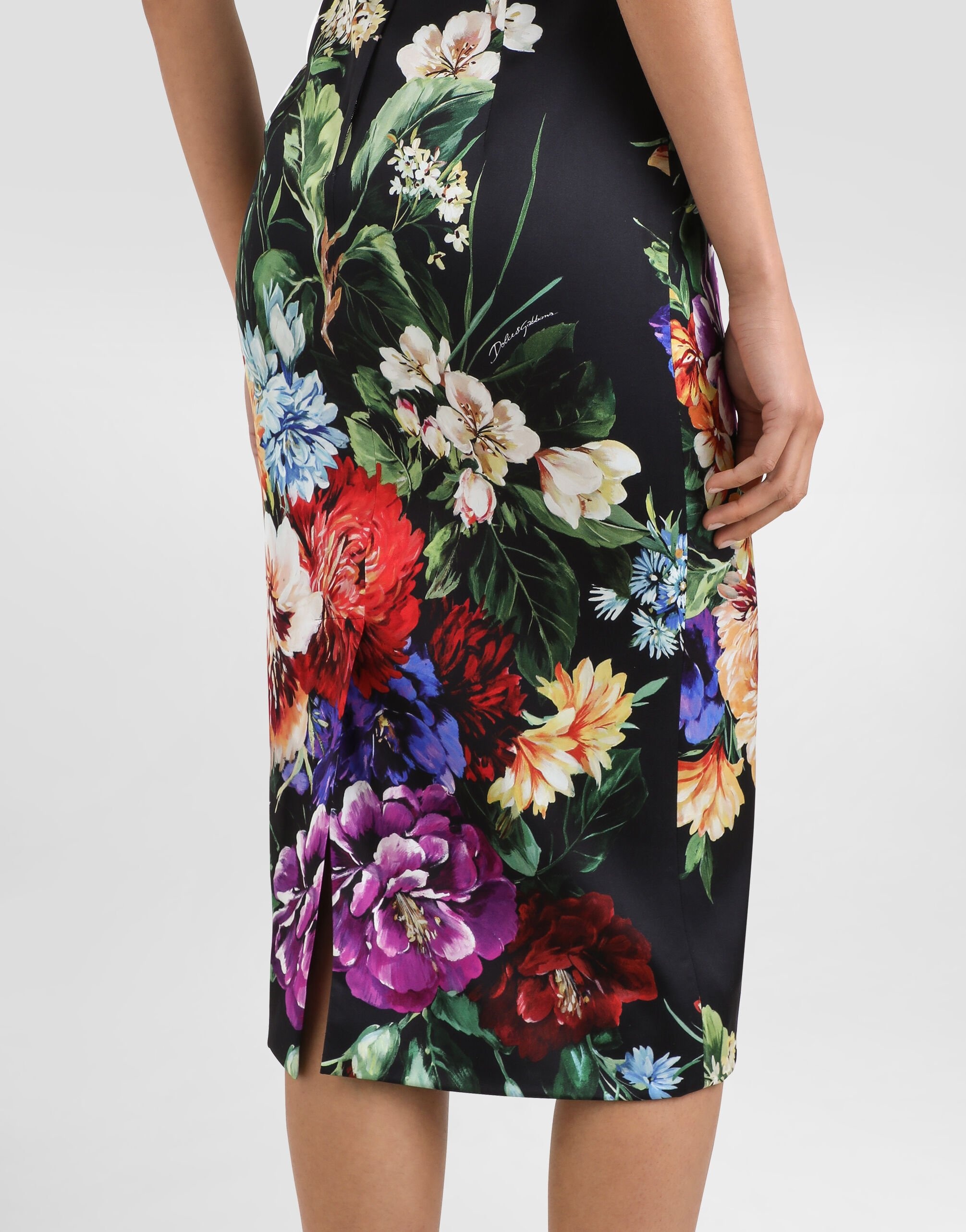 Flower-print fitted satin dress - 5