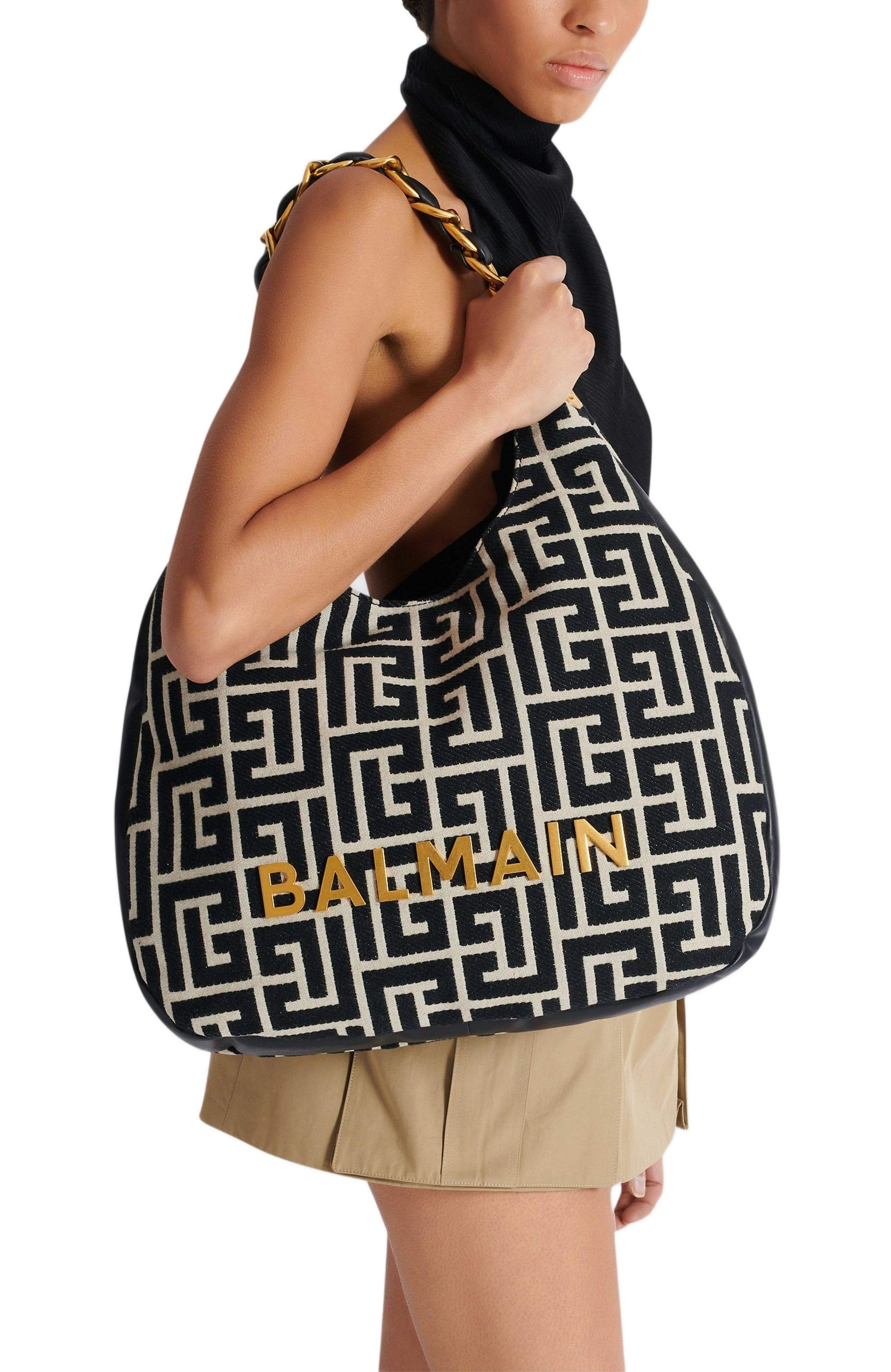 Balmain 1945 Soft Hobo Large monogrammed jacquard tote bag in Black at Nordstrom - 8