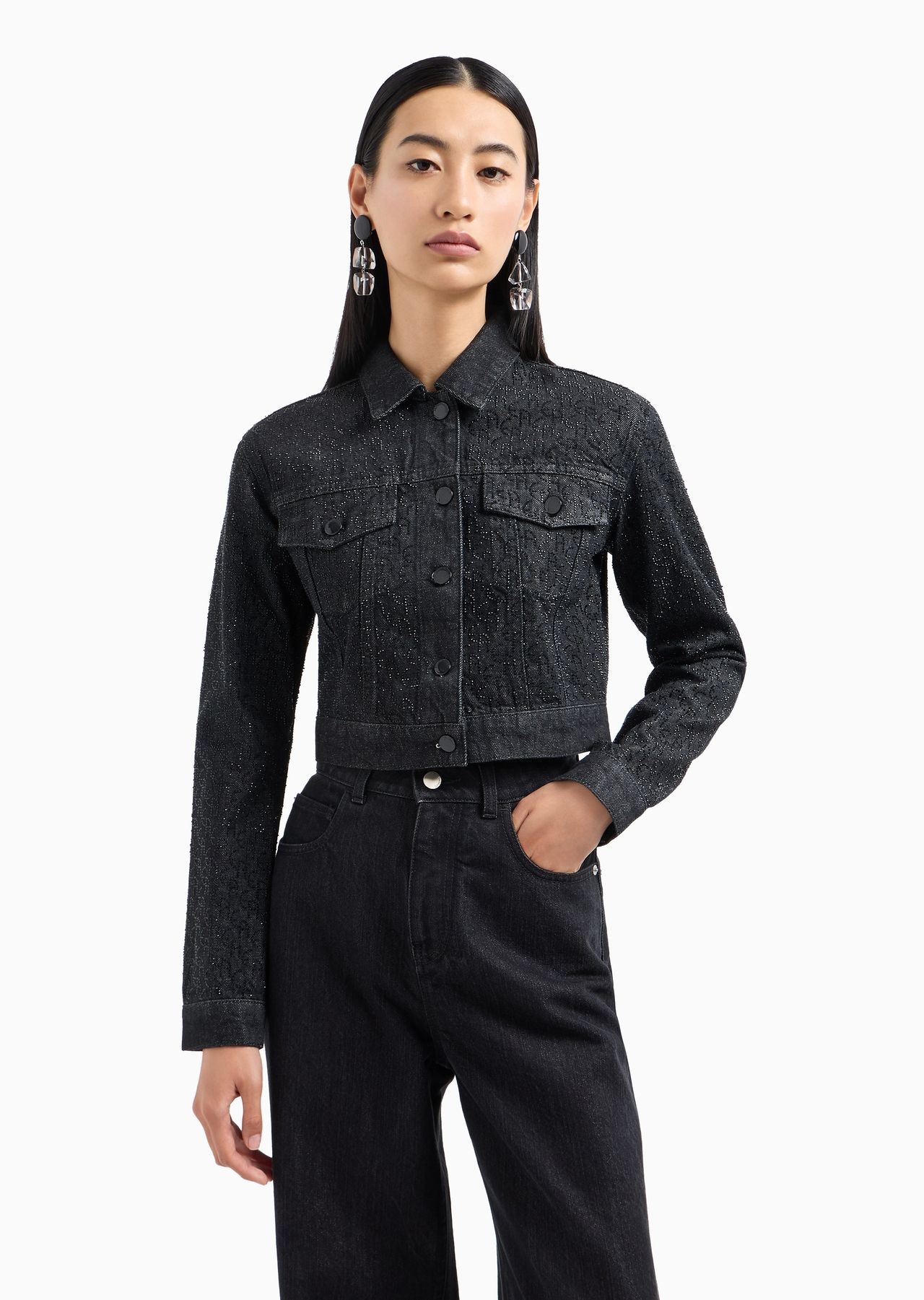 Cropped 12.5 oz denim jacket with all-over rhinestone logo - 2
