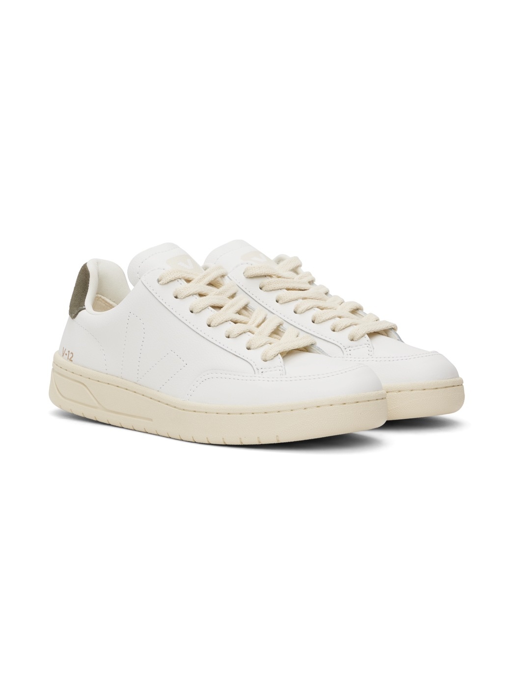 White & Khaki V-12 Stitch Leather Sneakers - 4