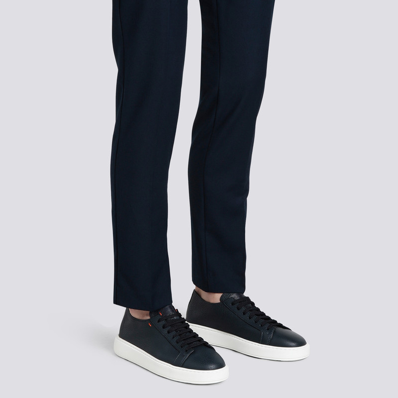 Santoni Men's blue tumbled leather sneaker outlook