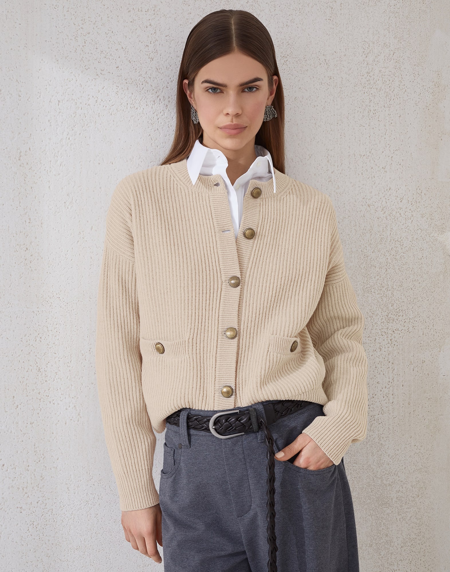 Virgin wool, cashmere and silk English rib cardigan with metal buttons - 4