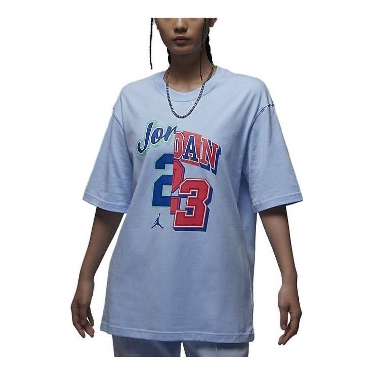 (WMNS) Air Jordan Graphic Logo Oversize T-shirt Asia Sizing 'Light Blue' FQ0362-456 - 1