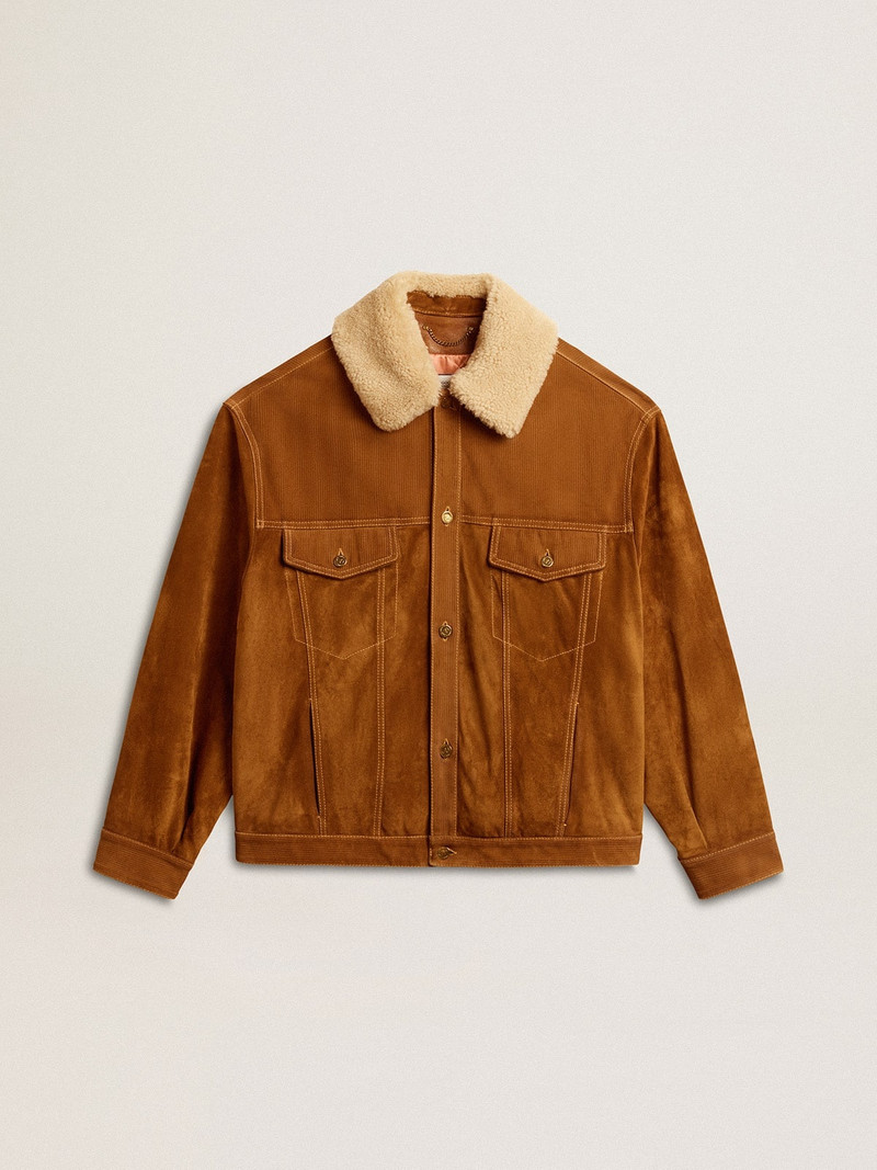Men's jacket in tobacco-colored split leather with a shearling collar 1