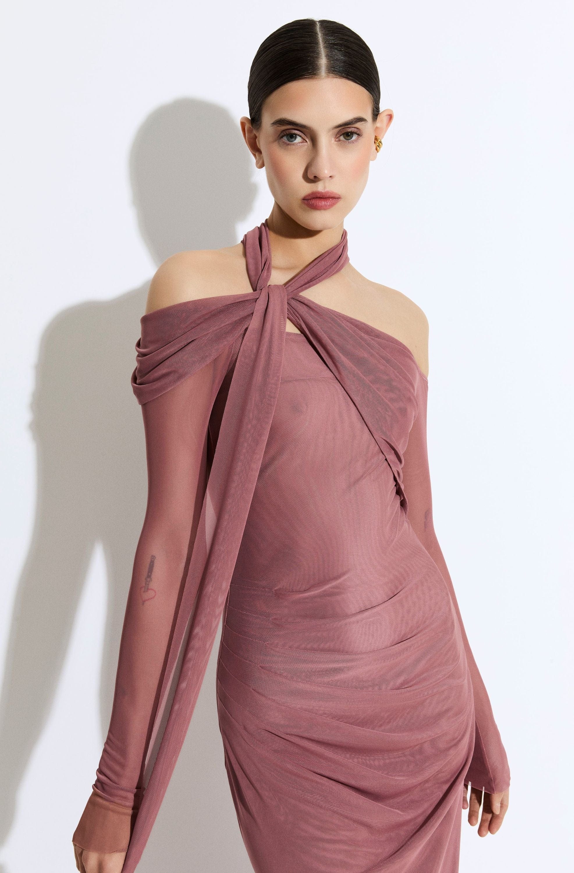 Mesh Scarf Neck Gown - 4