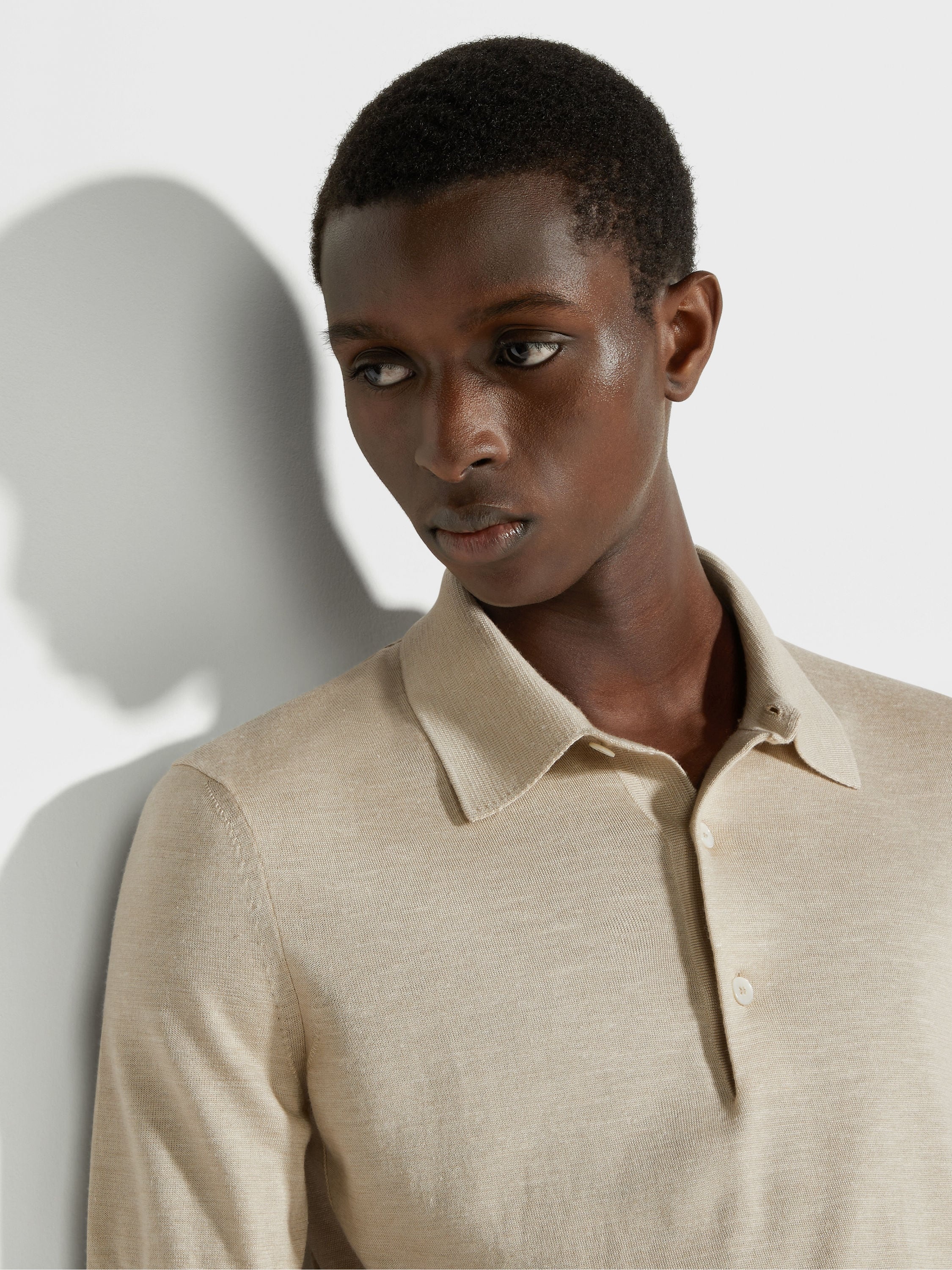 LIGHT BEIGE MÉLANGE SILK CASHMERE AND LINEN POLO SHIRT - 2