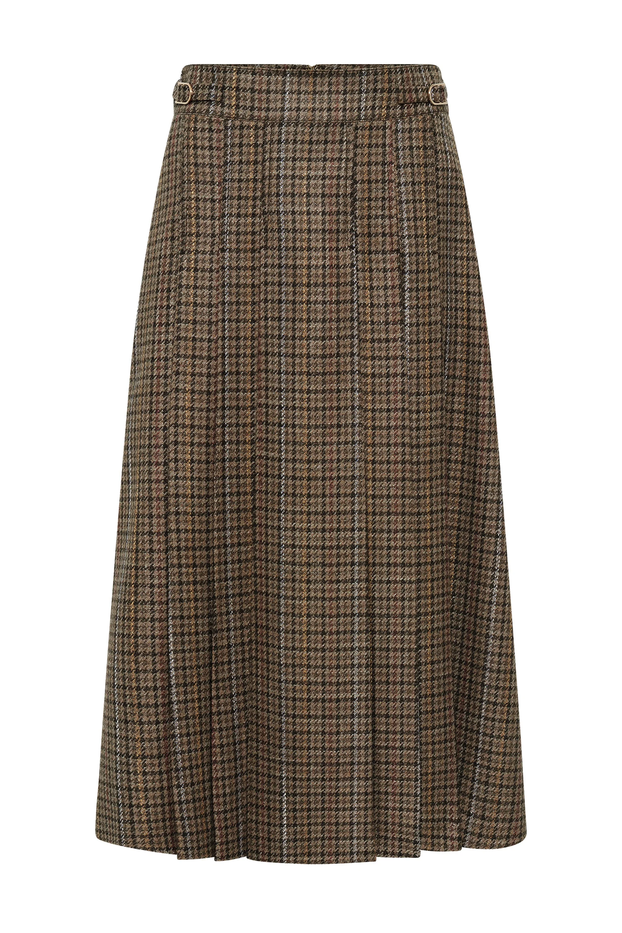Wesley Pleated Skirt in Camel Multi Wool Silk Houndstooth - 1