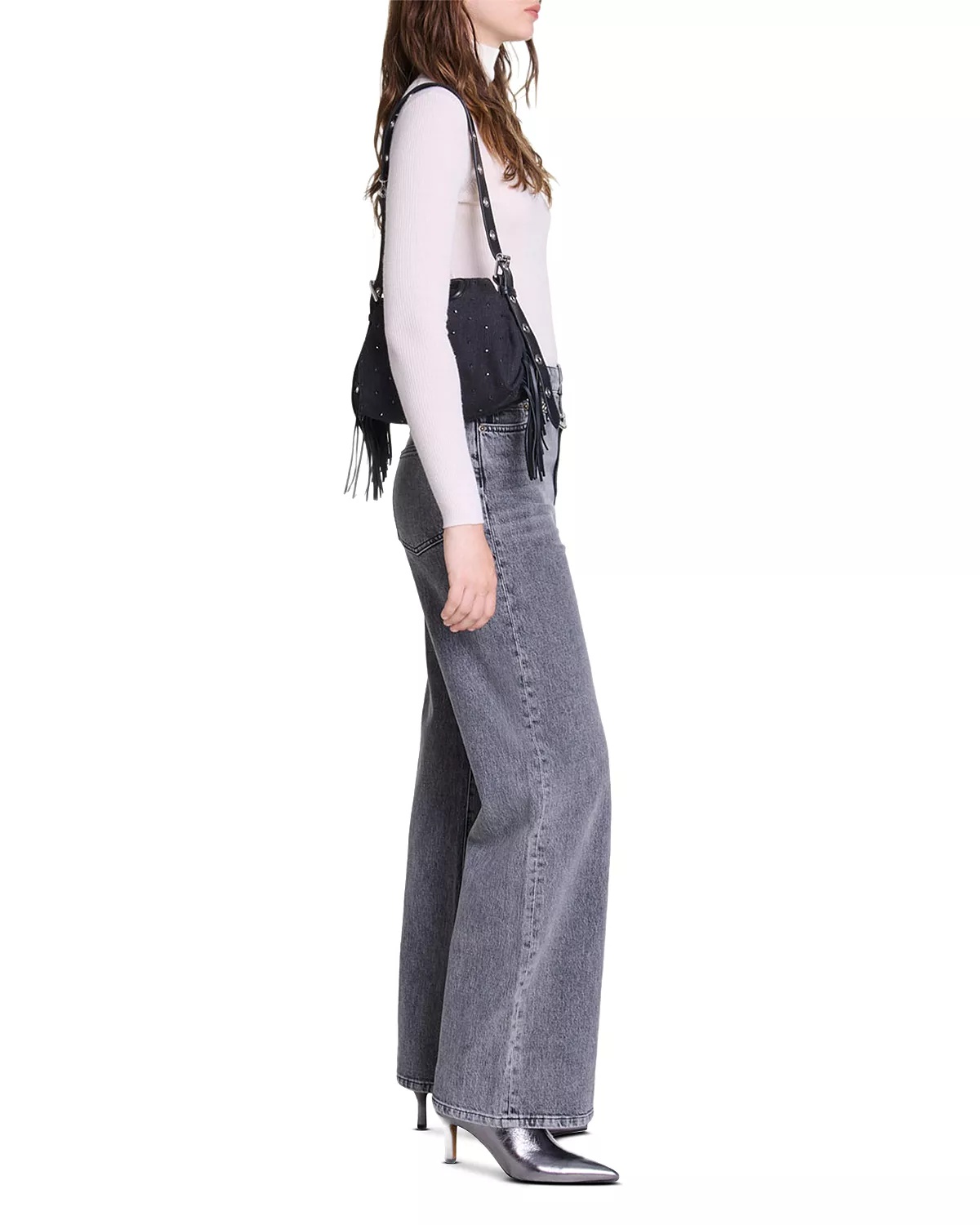 Belted Wide Leg Jeans in Grey - 7