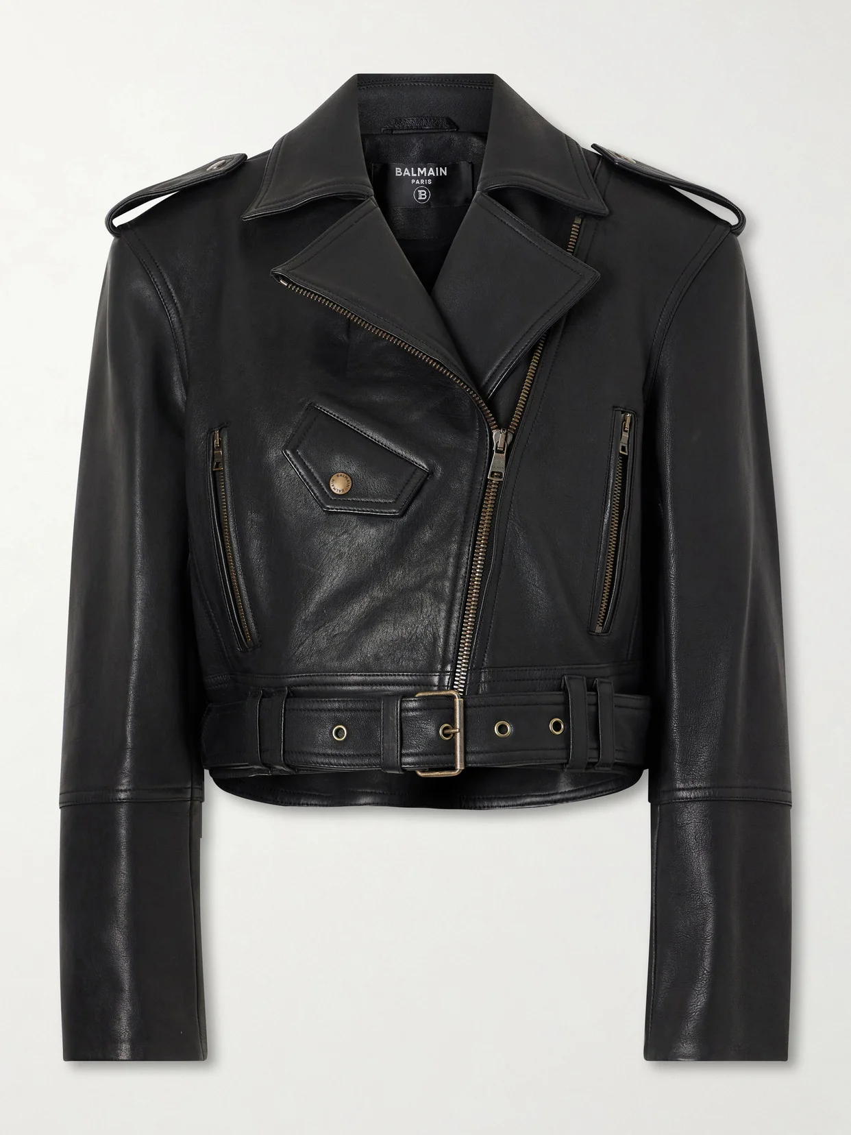 Cropped Belted Leather Biker Jacket - 1