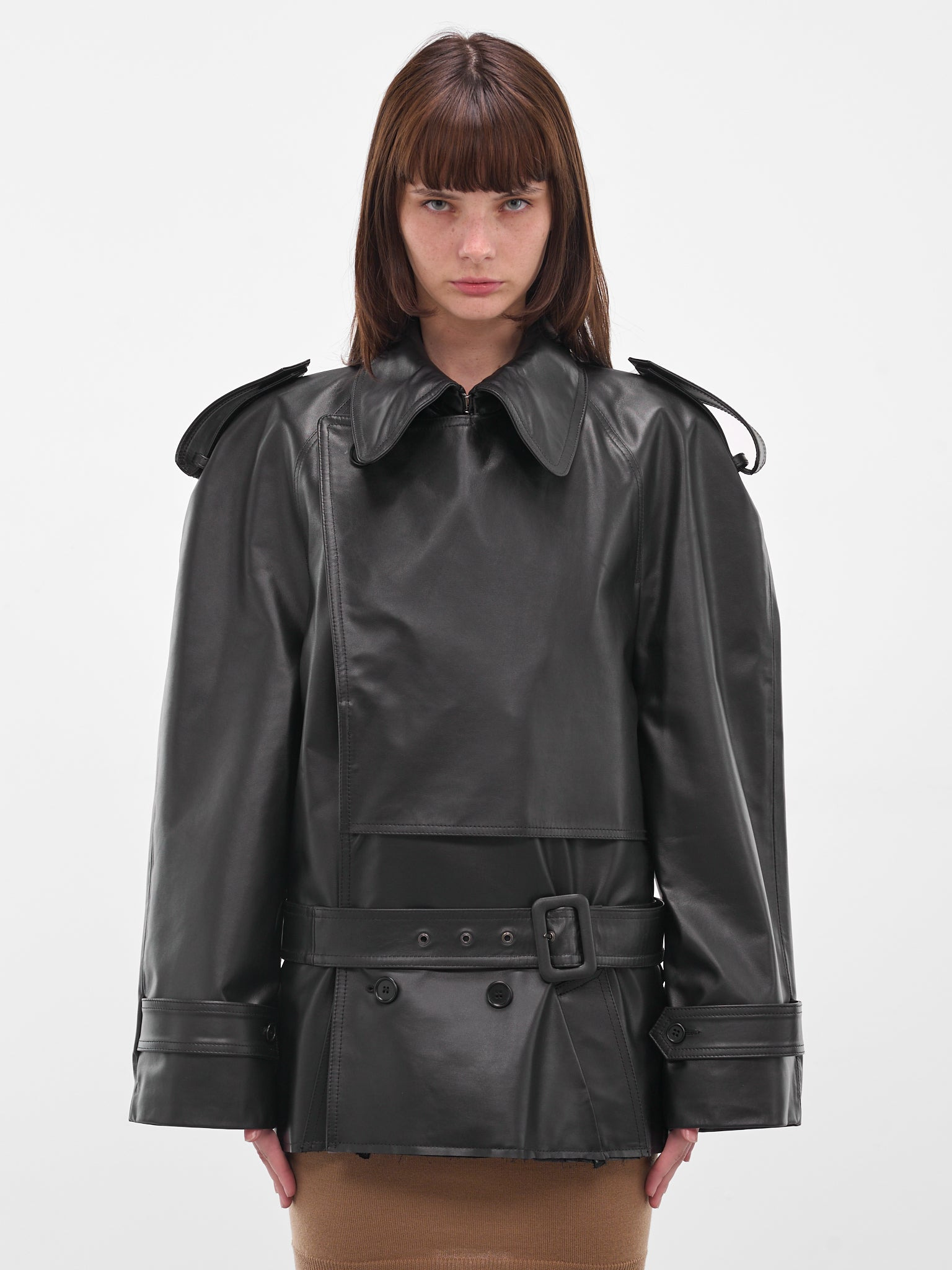 Black Leather Cropped Trench Jacket - 1