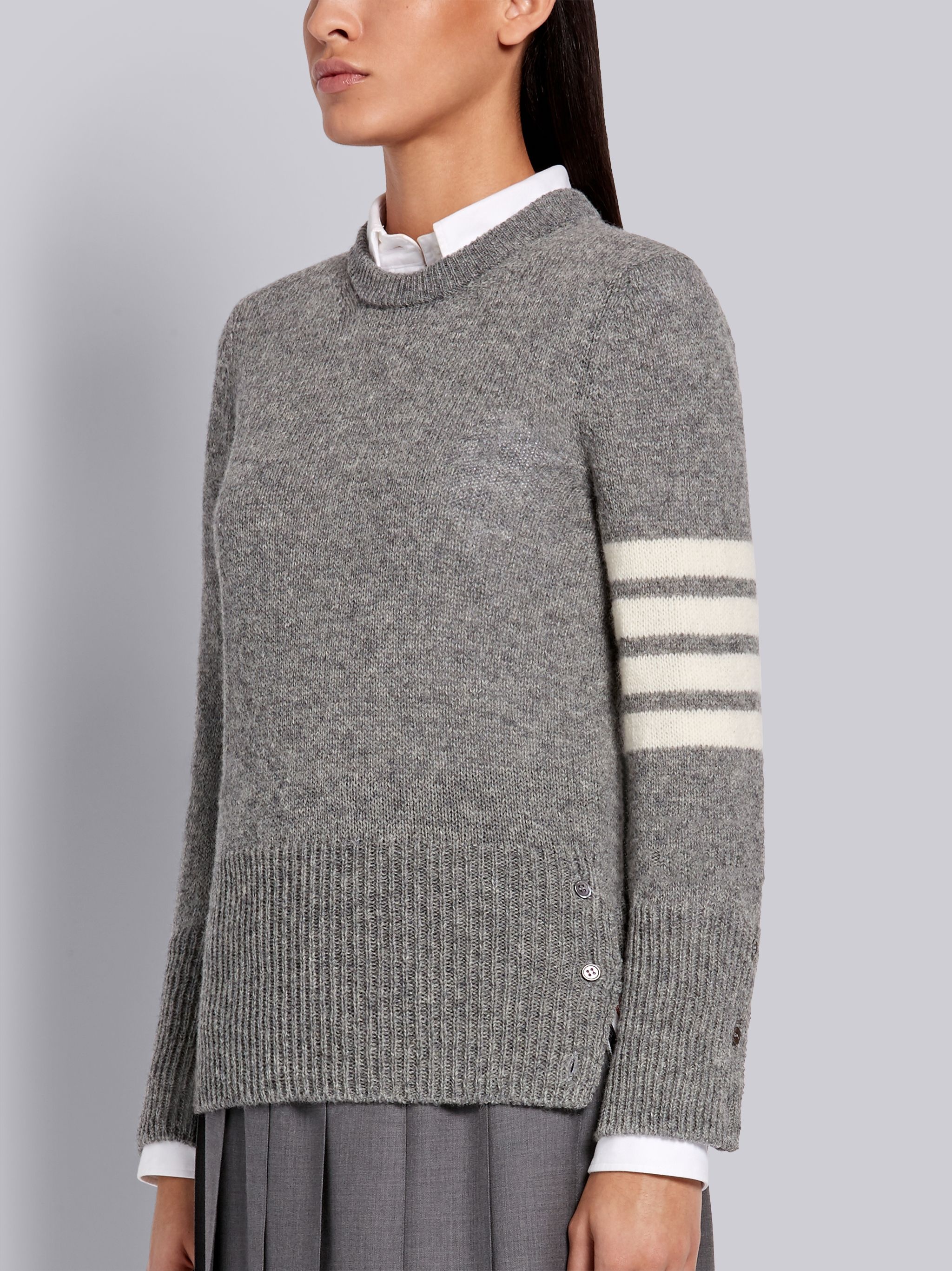 Light Grey Shetland Wool Jersey Classic Crewneck 4-Bar Pullover - 2