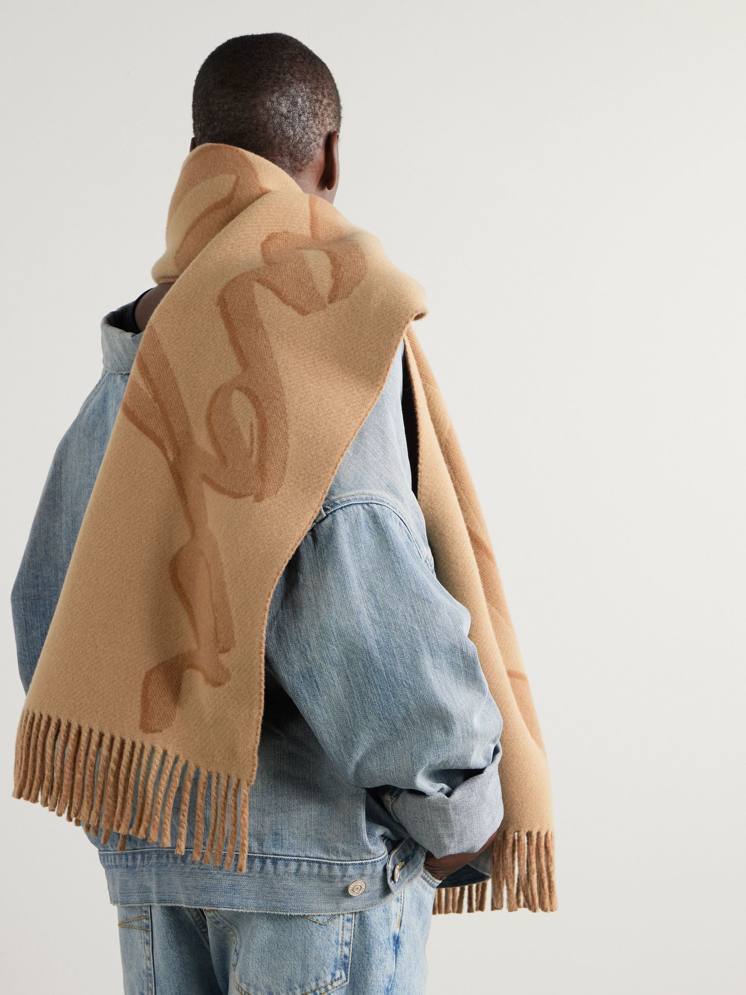 Fringed printed wool and cashmere-blend scarf Beige - 2