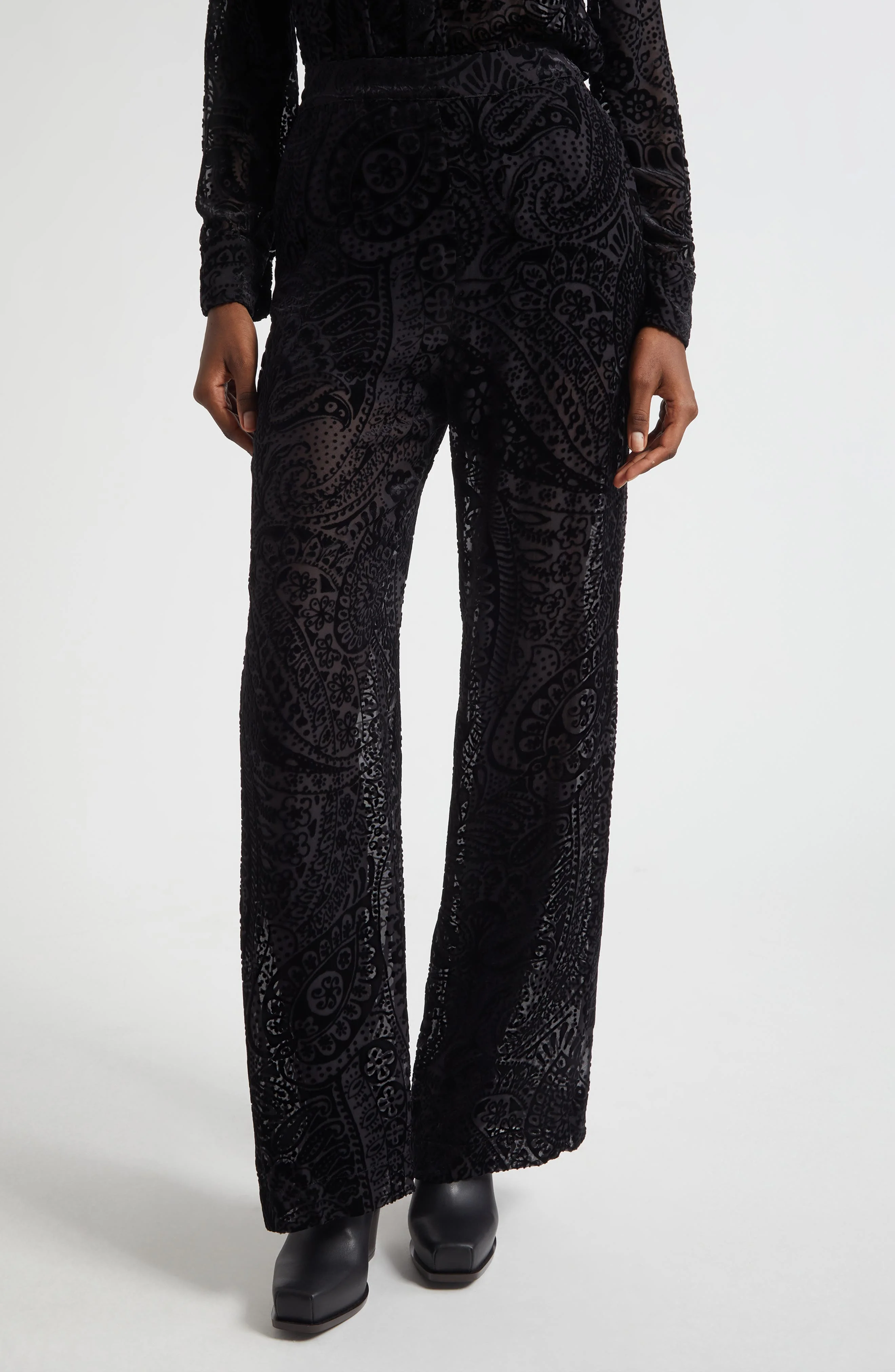 Etro Paisley Devoré Velvet Straight Leg Pants in Printed Black Base at Nordstrom - 1