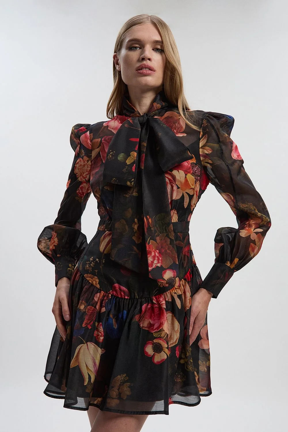 Floral Print Organdie High Neck Woven Mini Dress - 1