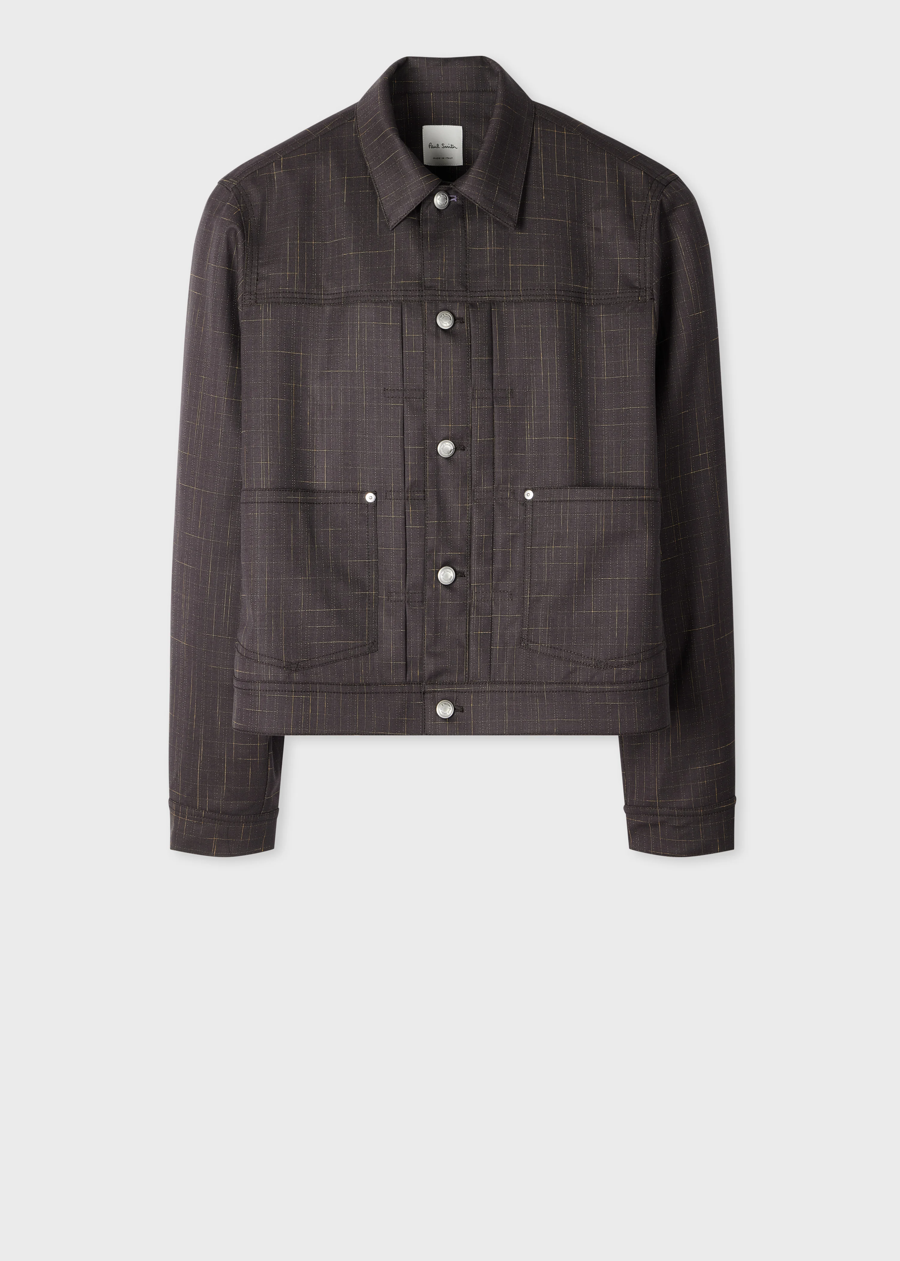Aubergine Wool Check Pleated Trucker Jacket - 1