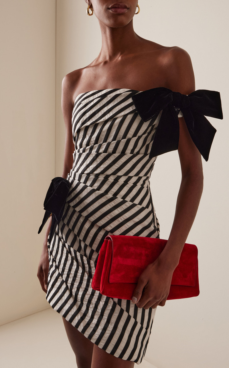 CAROLINA HERRERA Gathered Ribbon-Striped Crinkle Jacquard Mini Dress black/white outlook