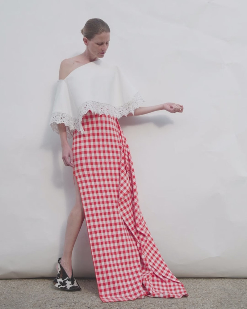 KNITTED FITTED MAXI SKIRT WITH SIDE PANEL RED WHITE GINGHAM 13