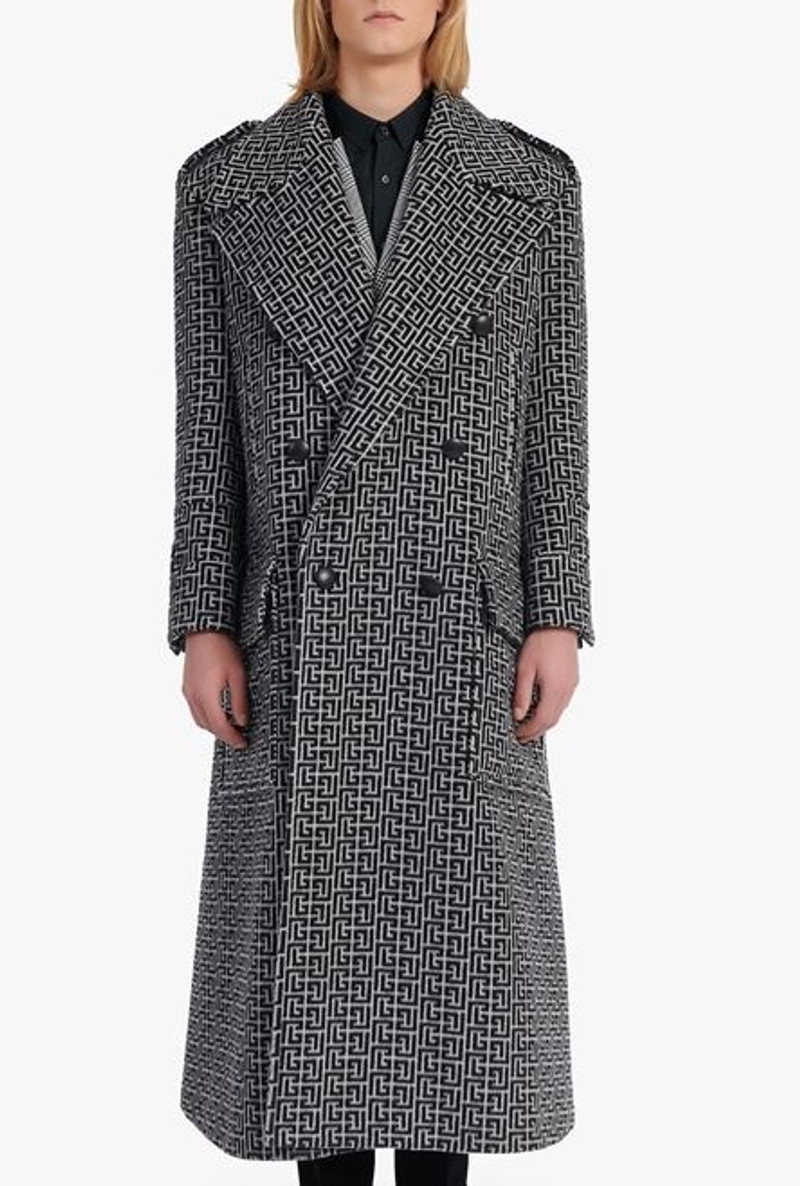Long ivory and black Balmain monogram wool coat 5