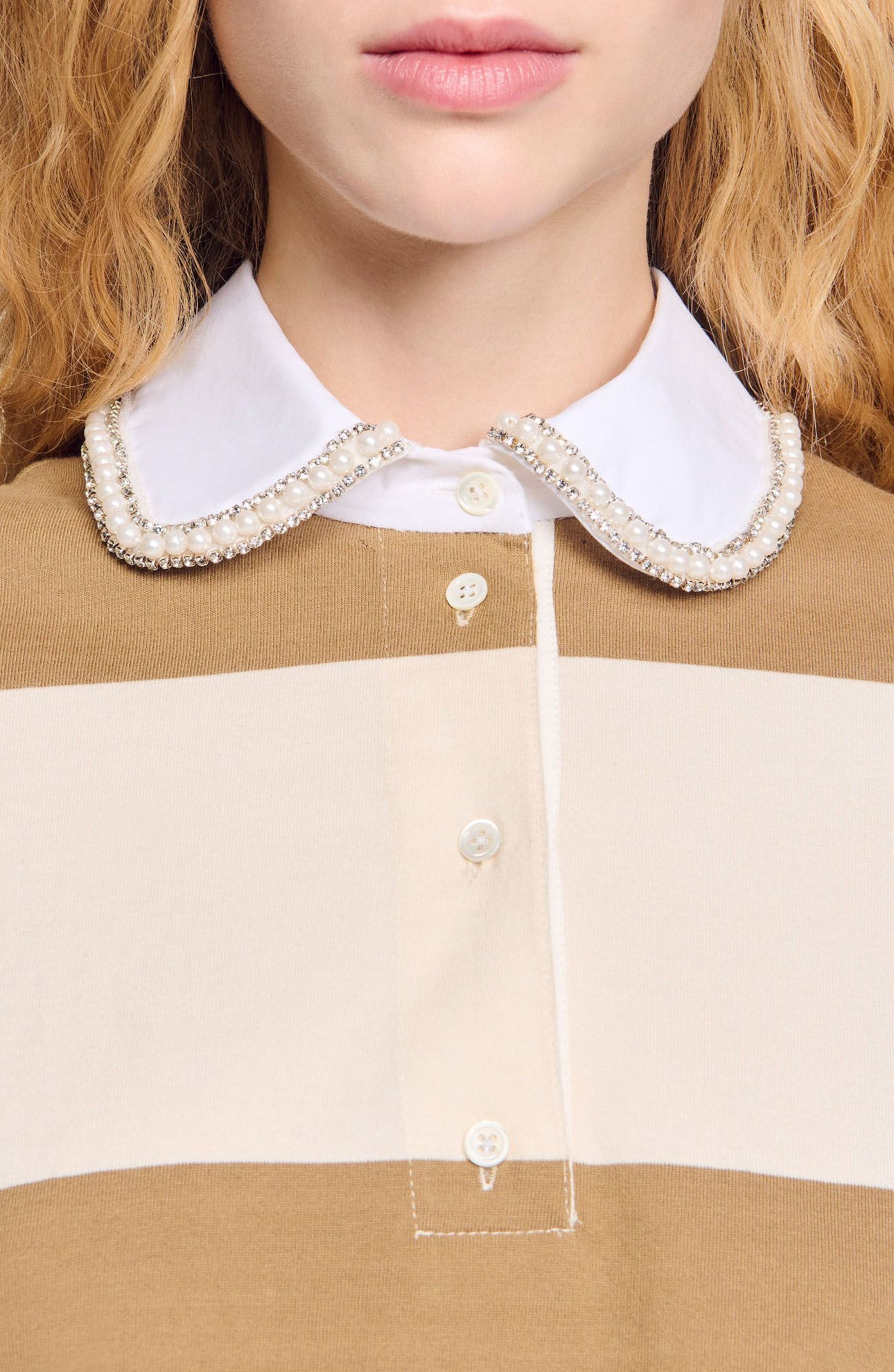 SANDRO Striped polo-neck T-shirt in Beige at Nordstrom - 4