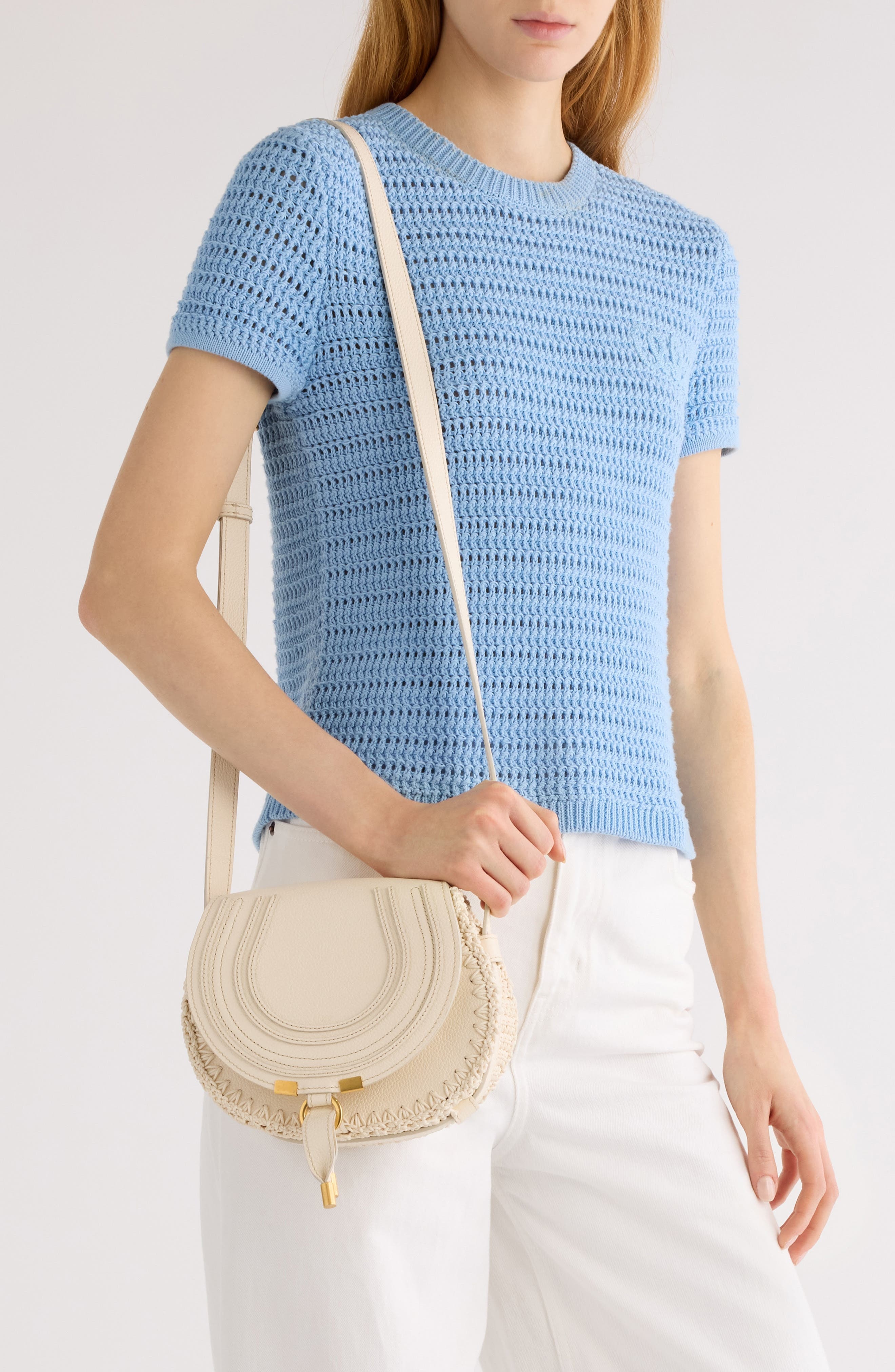 Chloé Small Marcie Crochet Trim Leather Crossbody Bag in White at Nordstrom - 3