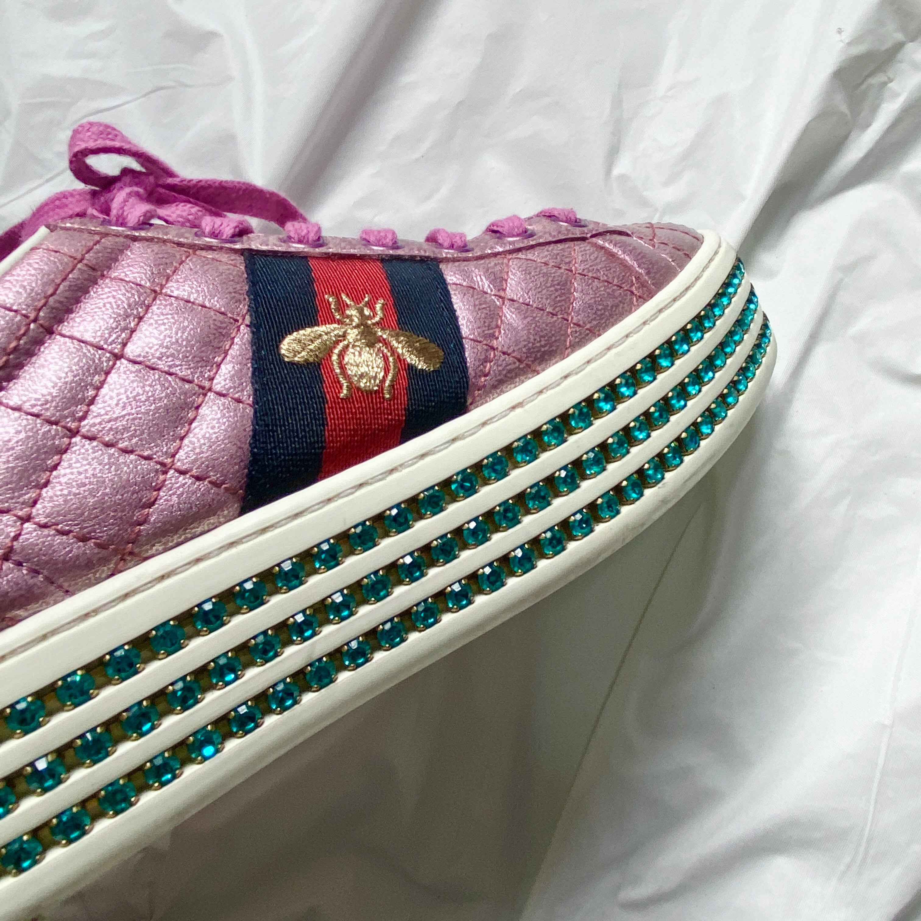 Gucci Swarovski crystal embellished pink platform ace sneaker 37.5 - 8