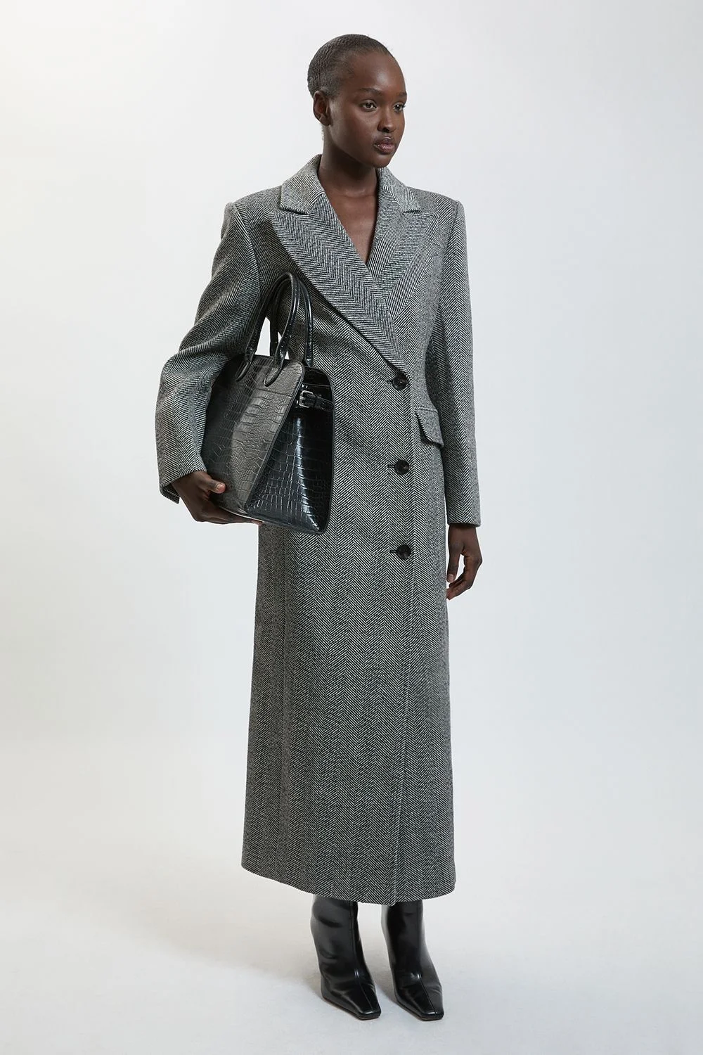 Herringbone Wool Blend Tailored Fitted Maxi Coat - 1