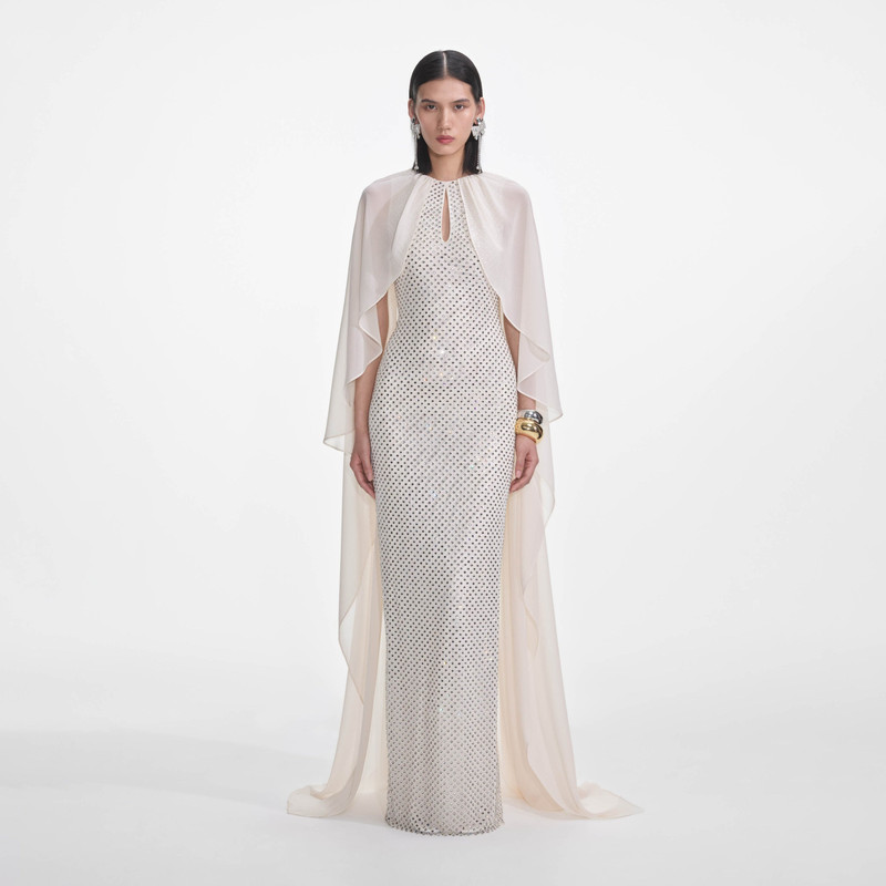 Cream Rhinestone Cape Maxi Dress 1